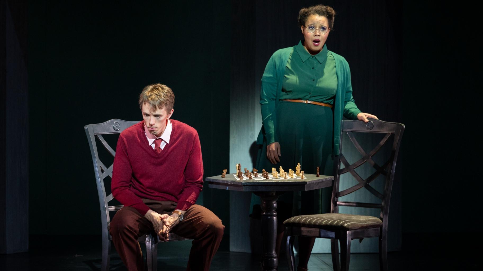 Jonathan Michie and Taylor Raven in “The Life and Death(s) of Alan Turing.” (Michael Brosilow)