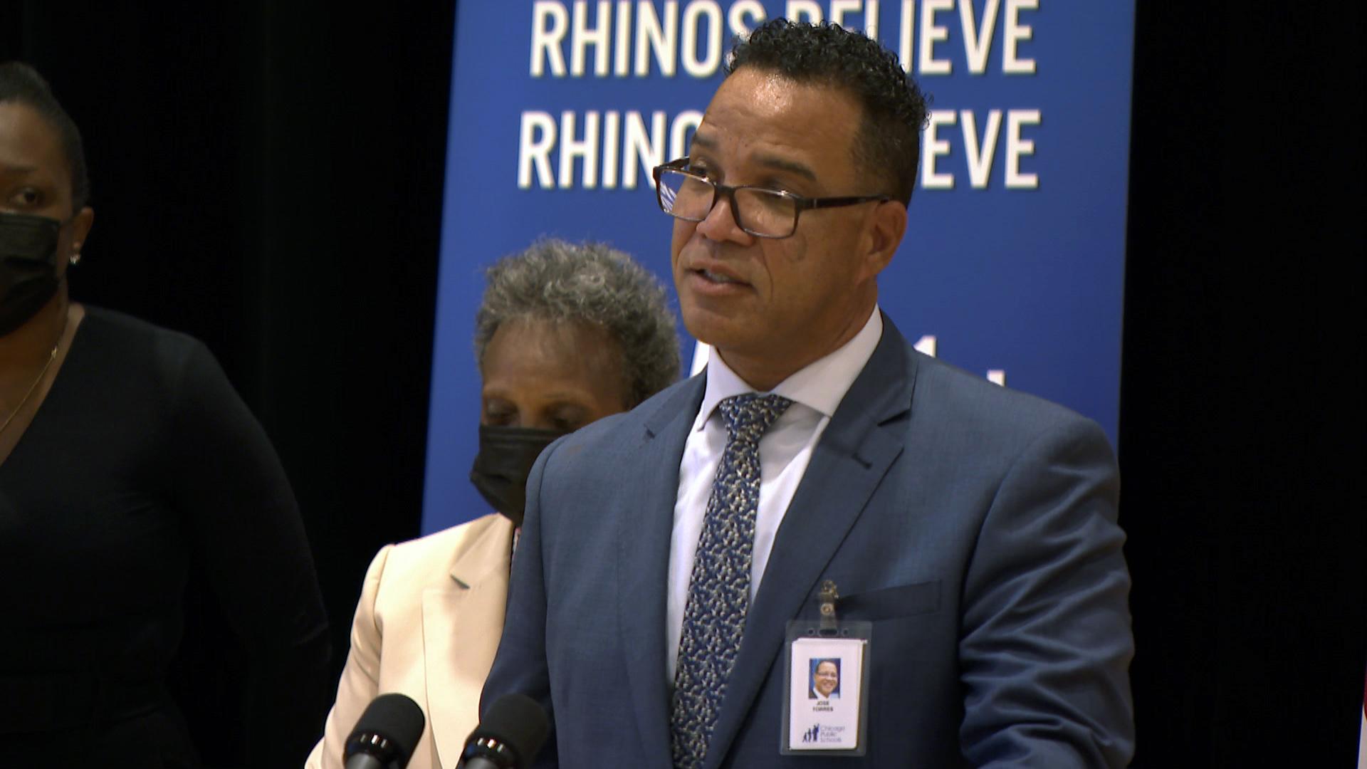 Jose Torres speaks at a news conference announcing his position as interim Chicago Public Schools CEO on Monday, June 14, 2021. (WTTW News)