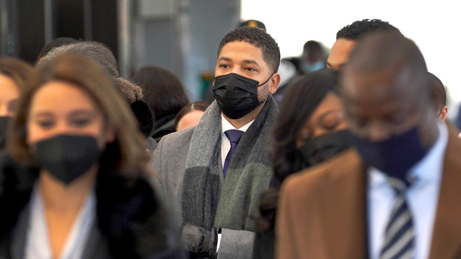 Actor Jussie Smollett arrives at the Leighton Criminal Courthouse on Wednesday, Dec. 8, 2021, day seven of his trial in Chicago. (AP Photo / Charles Rex Arbogast)