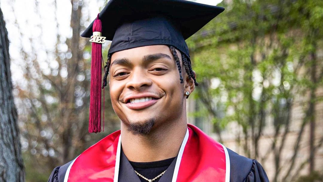 Bears quarterback Justin Fields, sporting a cap and gown for his graduation ceremony at Ohio State University. (Chicago Bears / Facebook)