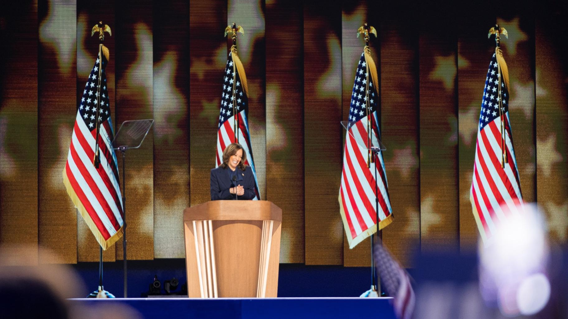 Vice President Kamala Harris speaks at the Democratic National Convention on Aug. 22, 2024. (Michael Izquierdo / WTTW News)