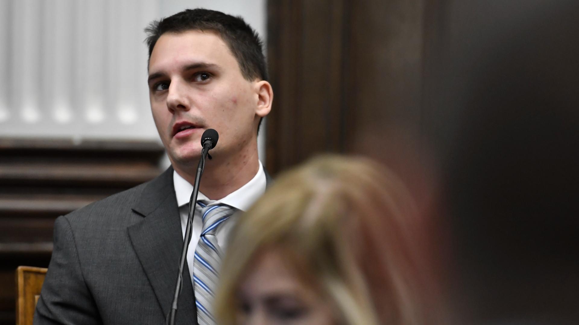 Jason Lackowski takes the witness stand and testifies during Kyle Rittenhouse's trial at the Kenosha County Courthouse in Kenosha, Wis., on Friday, Nov. 5, 2021. Lackowski was part of the group Rittenhouse was with on the night of Aug. 25, 2020. (Sean Krajacic / The Kenosha News via AP, Pool)