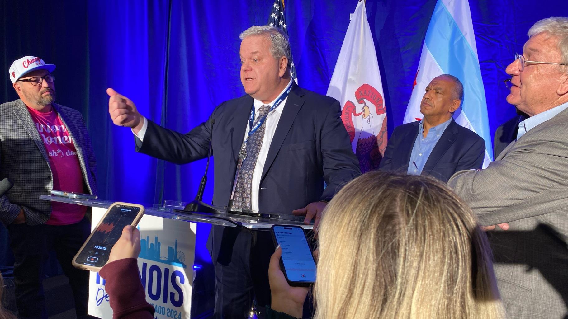 Iron Workers General President Eric Dean speaks to reporters after the Illinois delegation’s breakfast on the third day of the Democratic National Convention on Wednesday, Aug. 21, 2024. (Nick Blumberg / WTTW News)