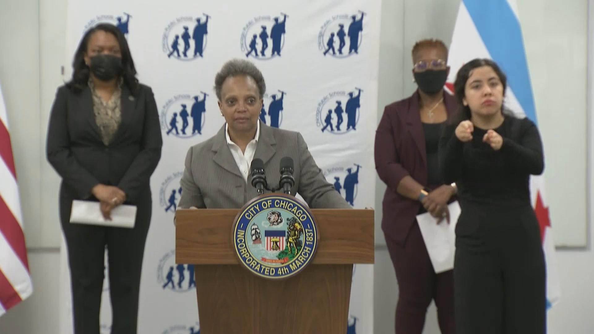 At a press conference Friday, Jan. 8, 2021, Mayor Lori Lightfoot, CPS CEO Janice Jackson and others discuss the plan to reopen schools to some students Monday, Jan. 11, 2021. (WTTW News)