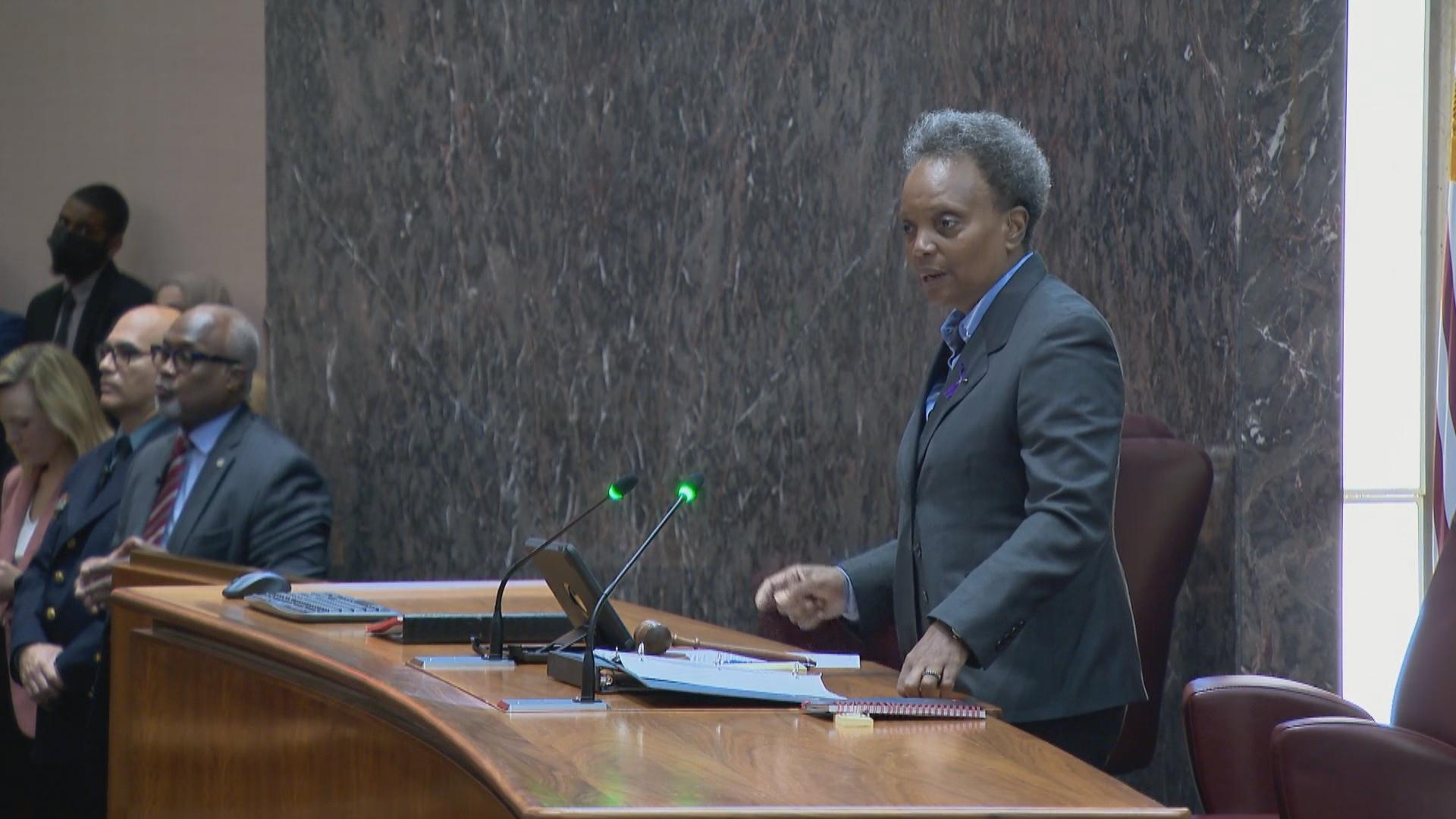 Mayor Lori Lightfoot delivers her budget address on Oct. 3, 2022. (WTTW News)