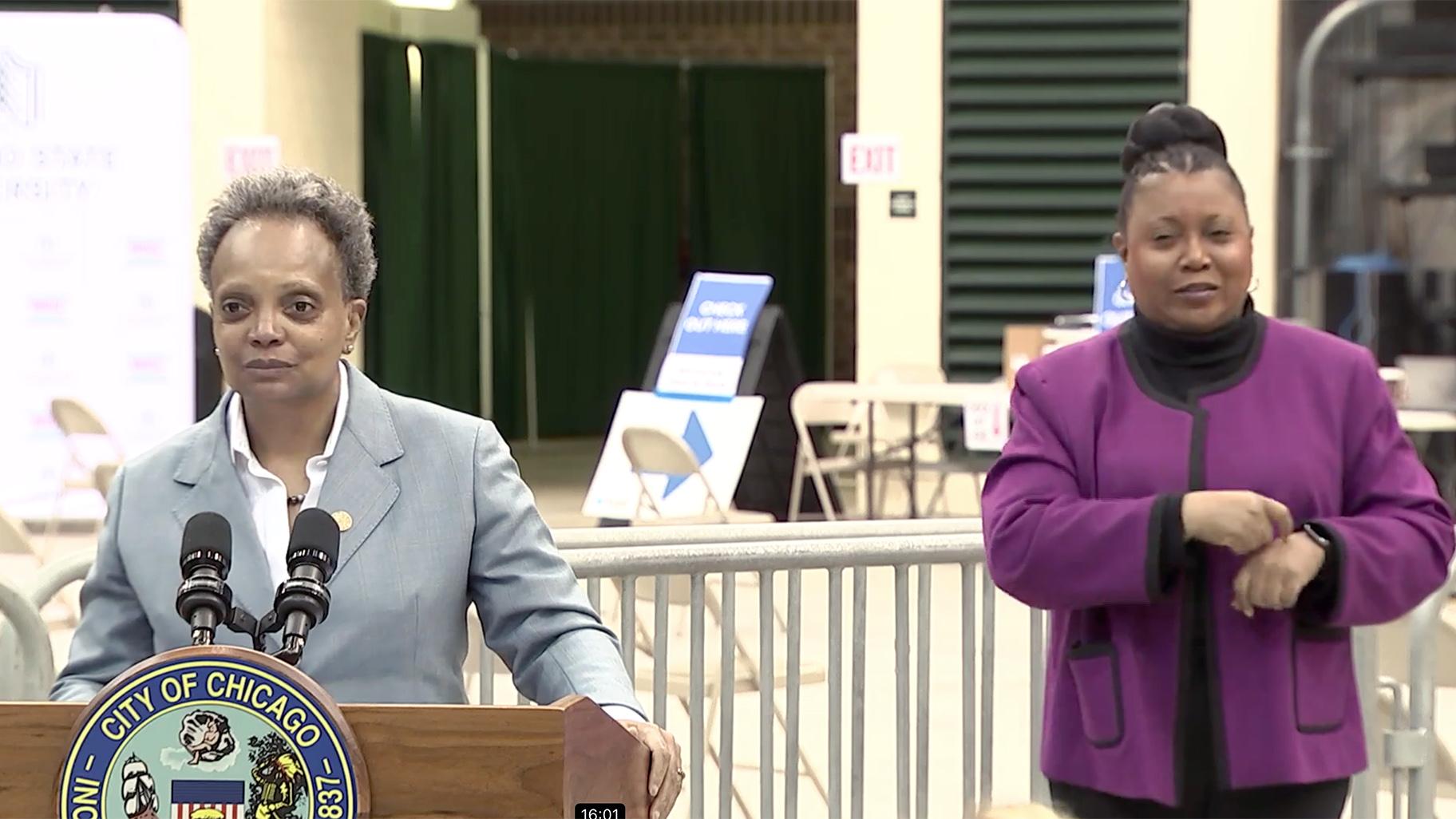 Mayor Lori Lightfoot addresses the news media at the Chicago State University mass vaccination site on Tuesday, April 20, 2021. (WTTW News via Chicago Mayor’s Office)