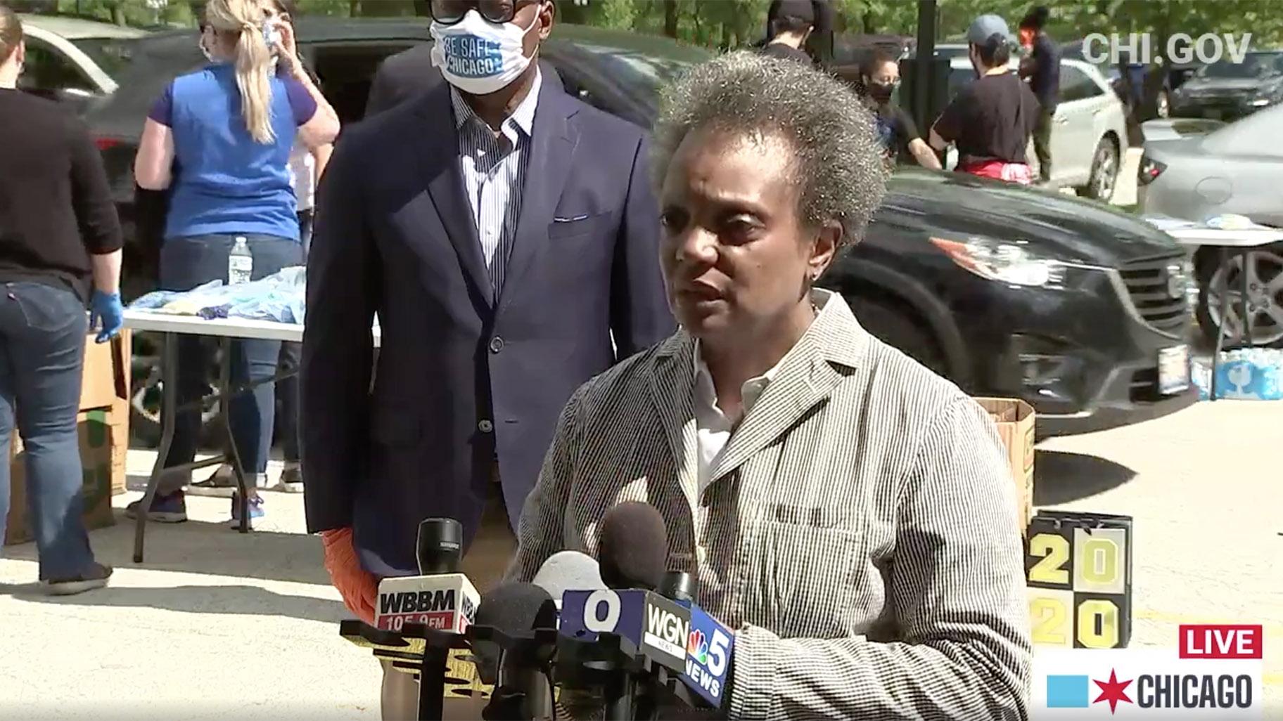 Chicago Mayor Lori Lightfoot speaks to the media Saturday, May 30, 2020, the morning after protests over the death of George Floyd took place downtown. (Chicago Mayor’s Office / Facebook)
