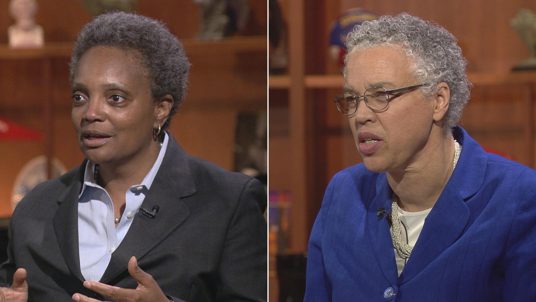 Lori Lightfoot, left, and Toni Preckwinkle appear on “Chicago Tonight” on May 14, 2018 and Oct. 16, 2017, respectively. (WTTW News)