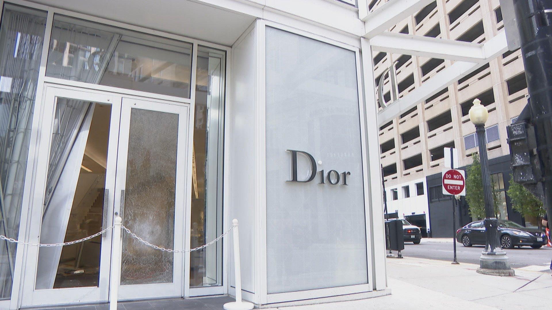 Broken windows at a Dior store in downtown Chicago on Monday, Aug. 10, 2020. (WTTW News)