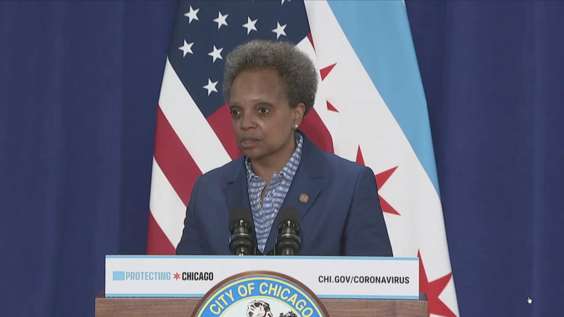 Mayor Lori Lightfoot speaks to the media following a Chicago City Council meeting Wednesday, May 20, 2020.