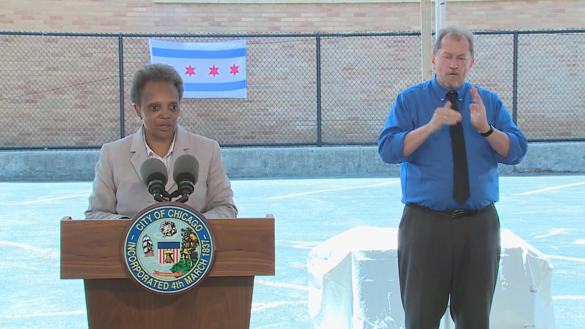 Mayor Lori Lightfoot speaks to the media on Wednesday, July 1, 2020. (WTTW News)