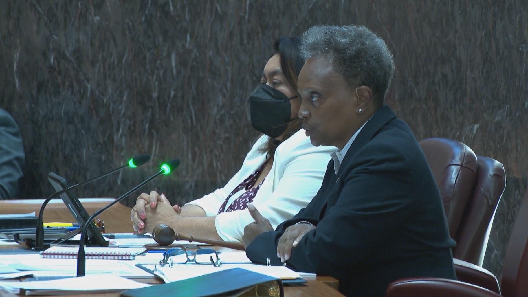 Mayor Lori Lightfoot is pictured at the July 20, 2022, Chicago City Council meeting. (WTTW News)