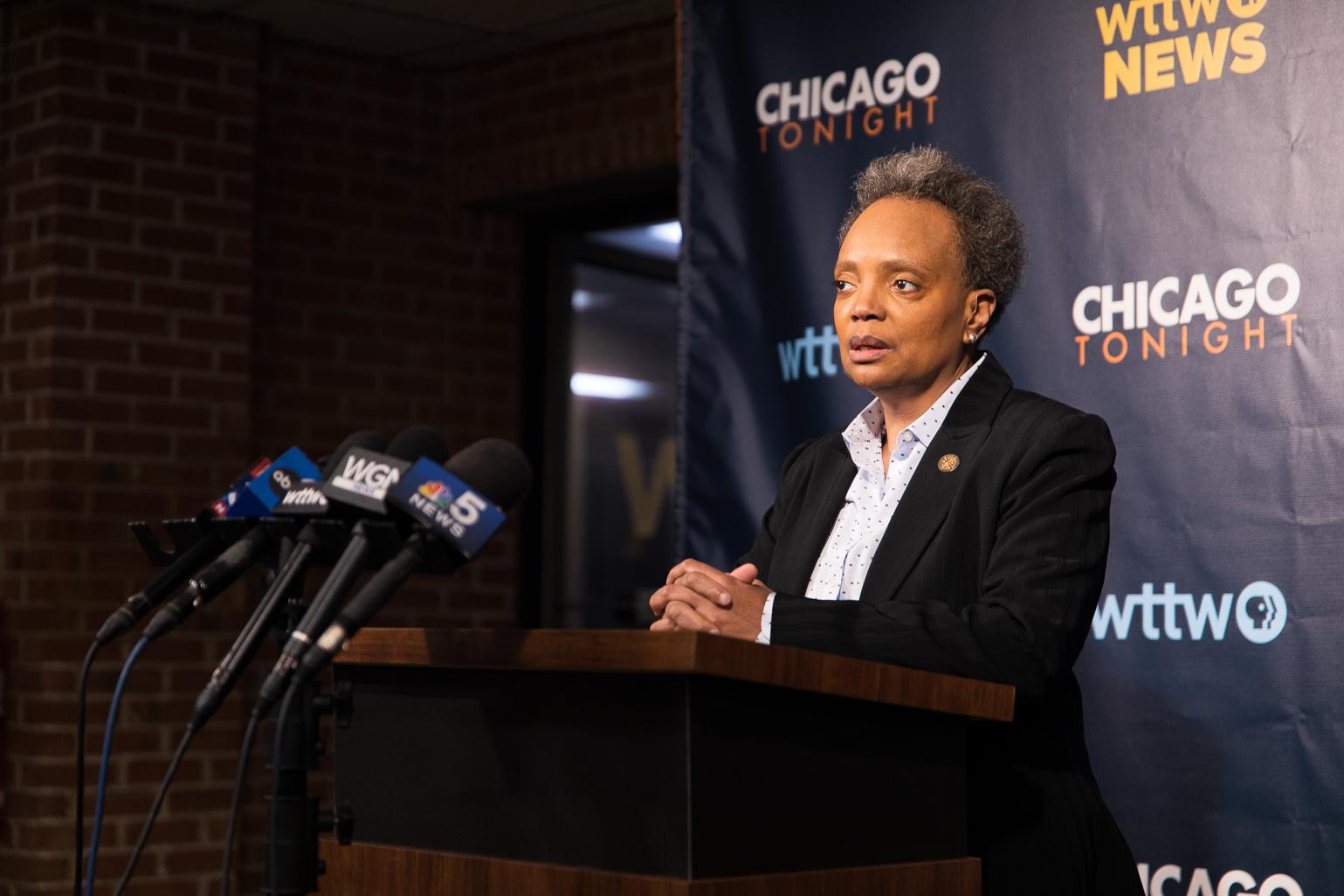 Mayor Lori Lightfoot fields questions from the news media on Feb. 7, 2023, after the WTTW News mayoral forum. (Michael Izquierdo / WTTW News)