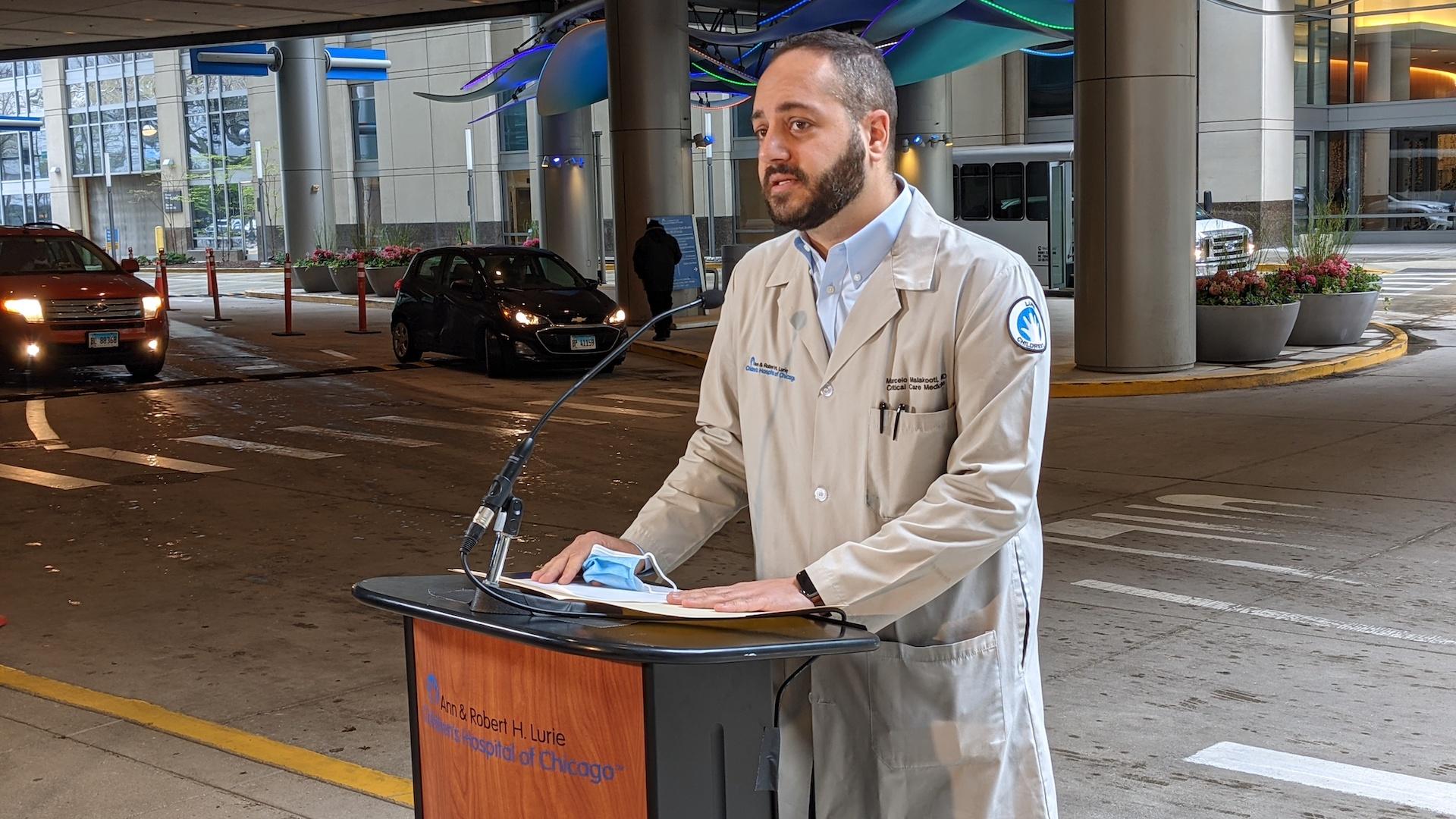 Dr. Marcelo Malakooti, medical director at Lurie Children’s Hospital, provides an update to reporters on Monday, April 19 outside the hospital on the condition of 22-month-old Kayden Swann, who was shot April 6. (Matt Masterson / WTTW News)