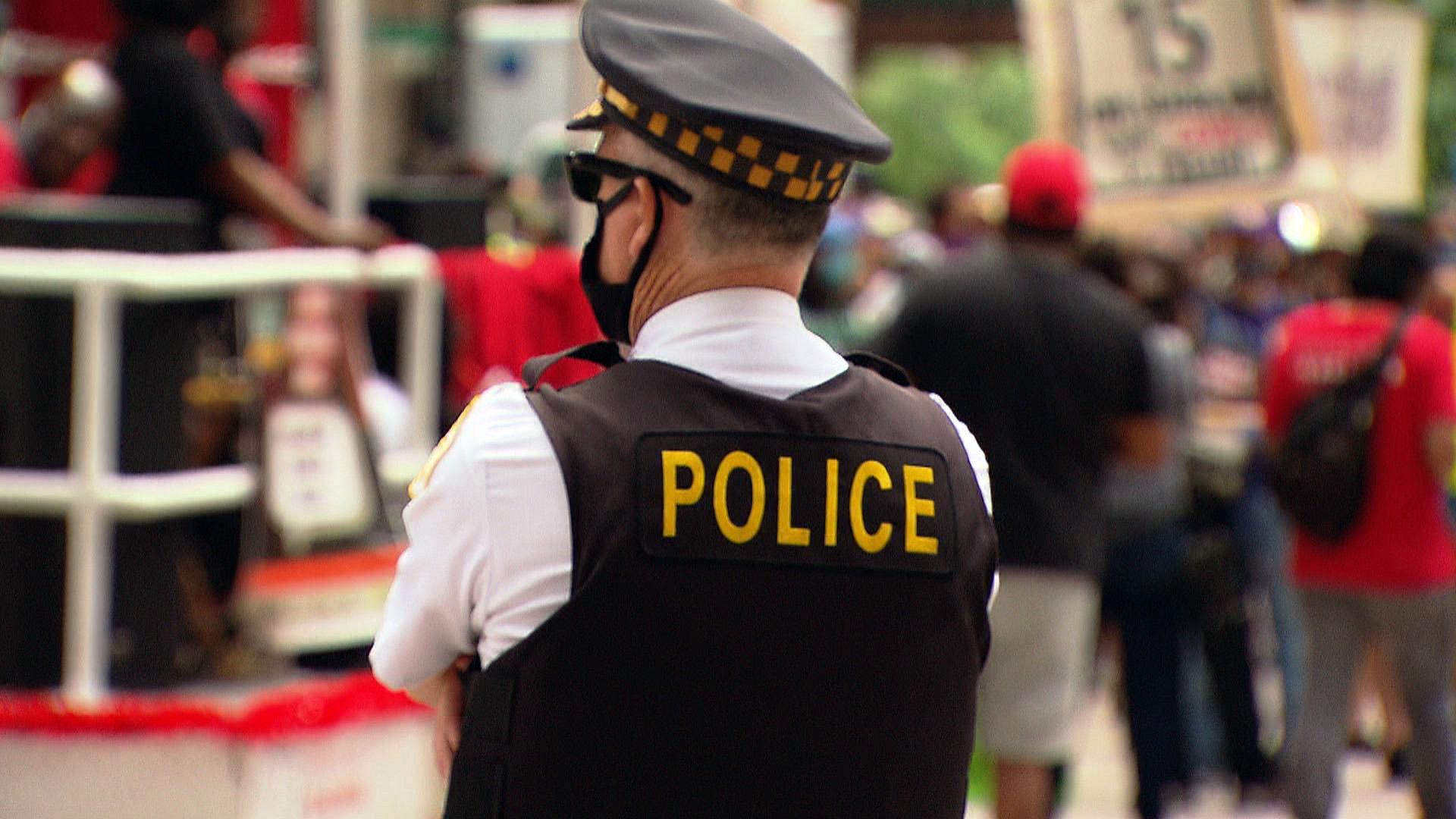 Demonstrators march in Chicago on Wednesday, June 24, 2020, to show their support for removing police officers from schools. (WTTW News)