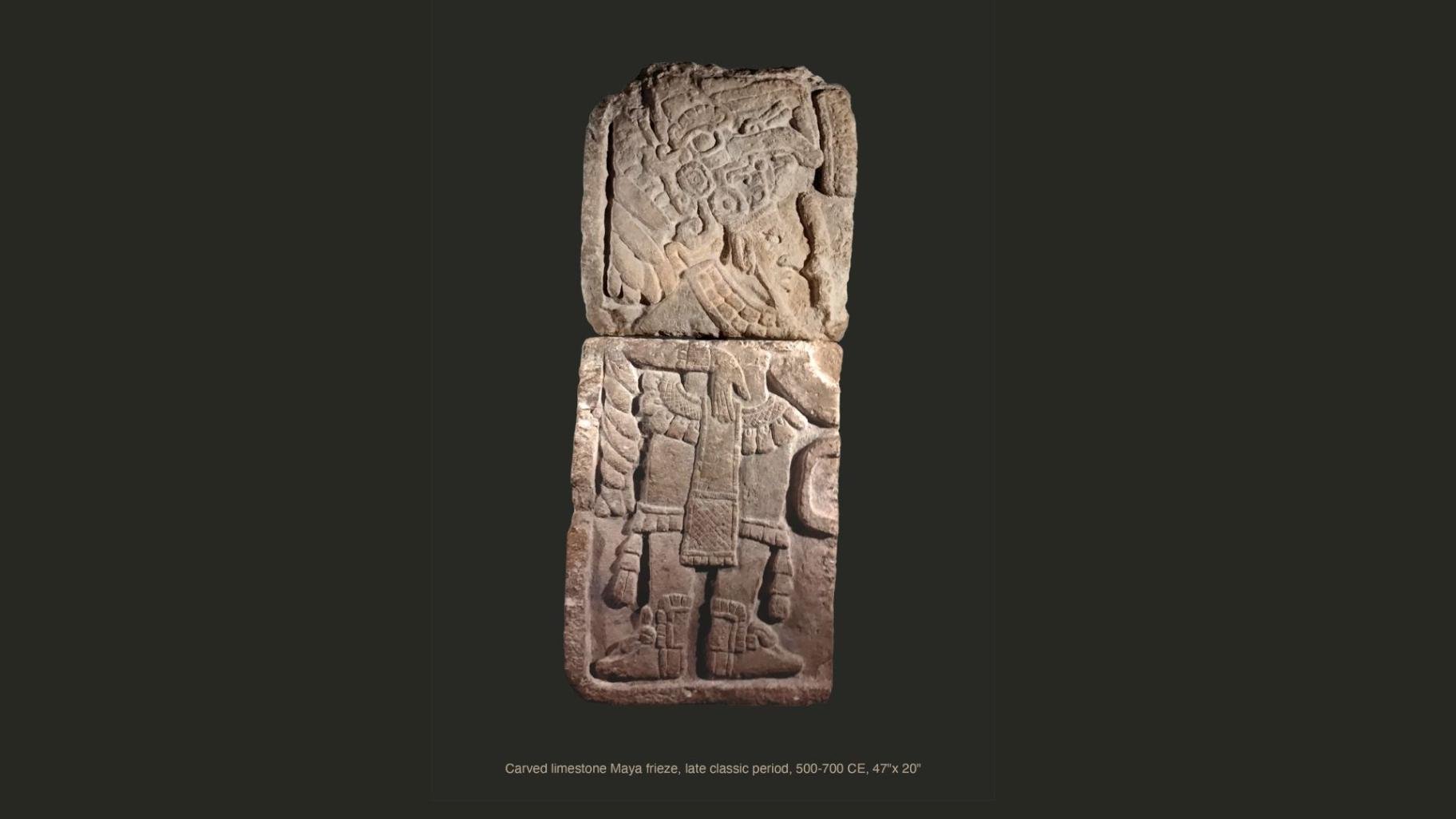 The limestone frieze is estimated to be from between 500 to 900 C.E., overlapping with the Classic Period of the Mayan civilization in Mexico. The National Museum of Mexican Art is working in collaboration with the Mexican National Institute of Anthropology and History to facilitate the repatriation. (Courtesy of National Museum of Mexican Art) The limestone frieze is estimated to be from between 500 to 900 C.E., overlapping with the Classic Period of the Mayan civilization in Mexico. The National Museum of Mexican Art is working in collaboration with the Mexican National Institute of Anthropology and History to facilitate the repatriation. (Courtesy of National Museum of Mexican Art)