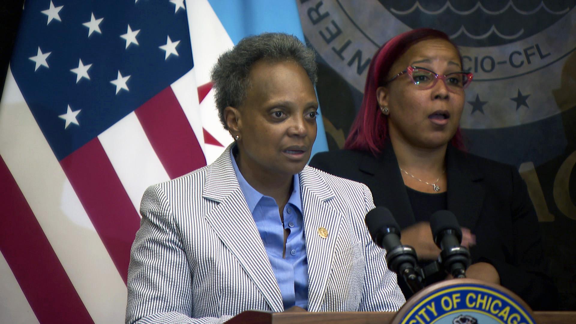 Mayor Lori Lightfoot addresses the news media Thursday, July 1, 2021. (WTTW News)