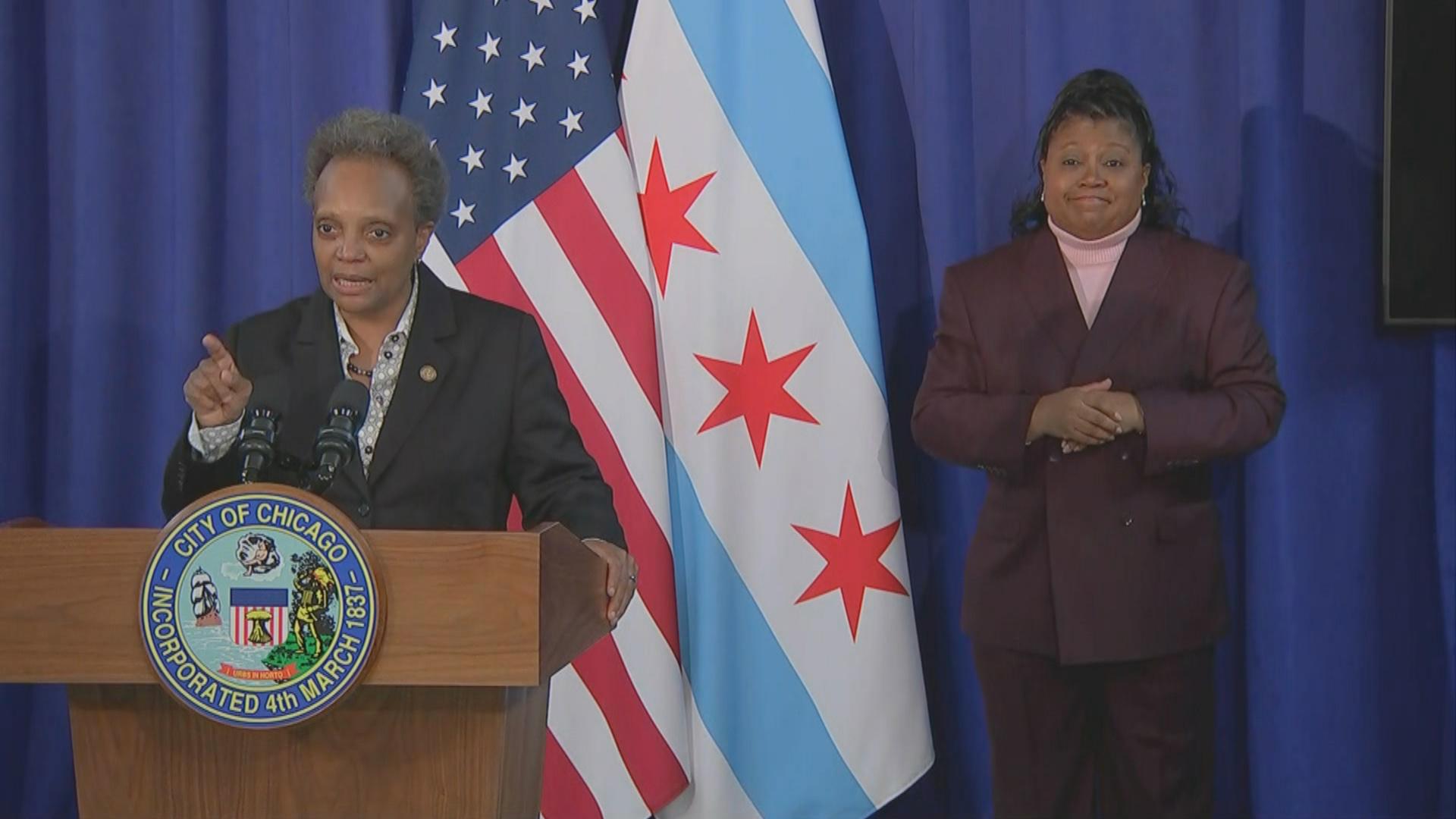 Mayor Lori Lightfoot speaks to the media following a City Council meeting to vote on her budget, which passed, on Tuesday, Nov. 24, 2020. (WTTW News)