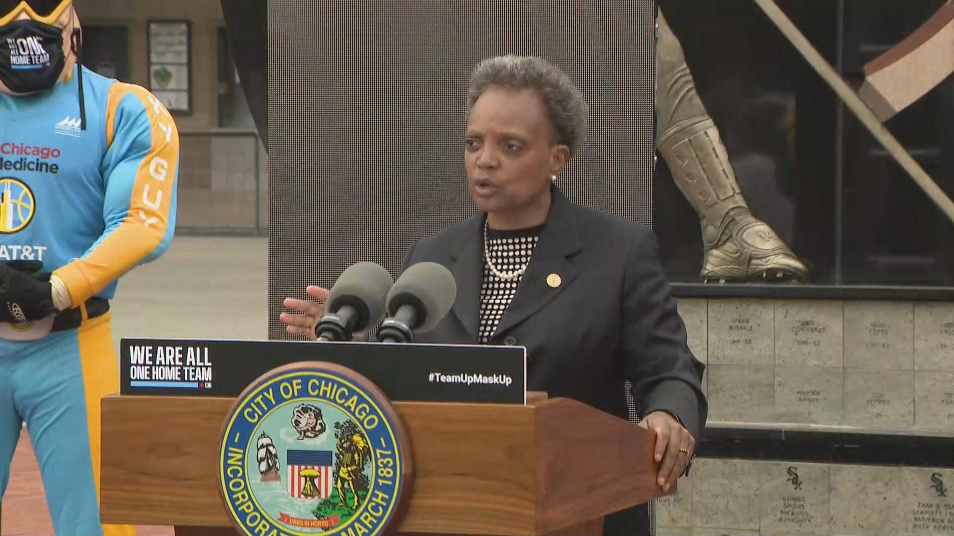 Mayor Lori Lightfoot speaks at a news conference outside Guaranteed Rate Field in Chicago on Tuesday, July 21, 2020. (WTTW News)
