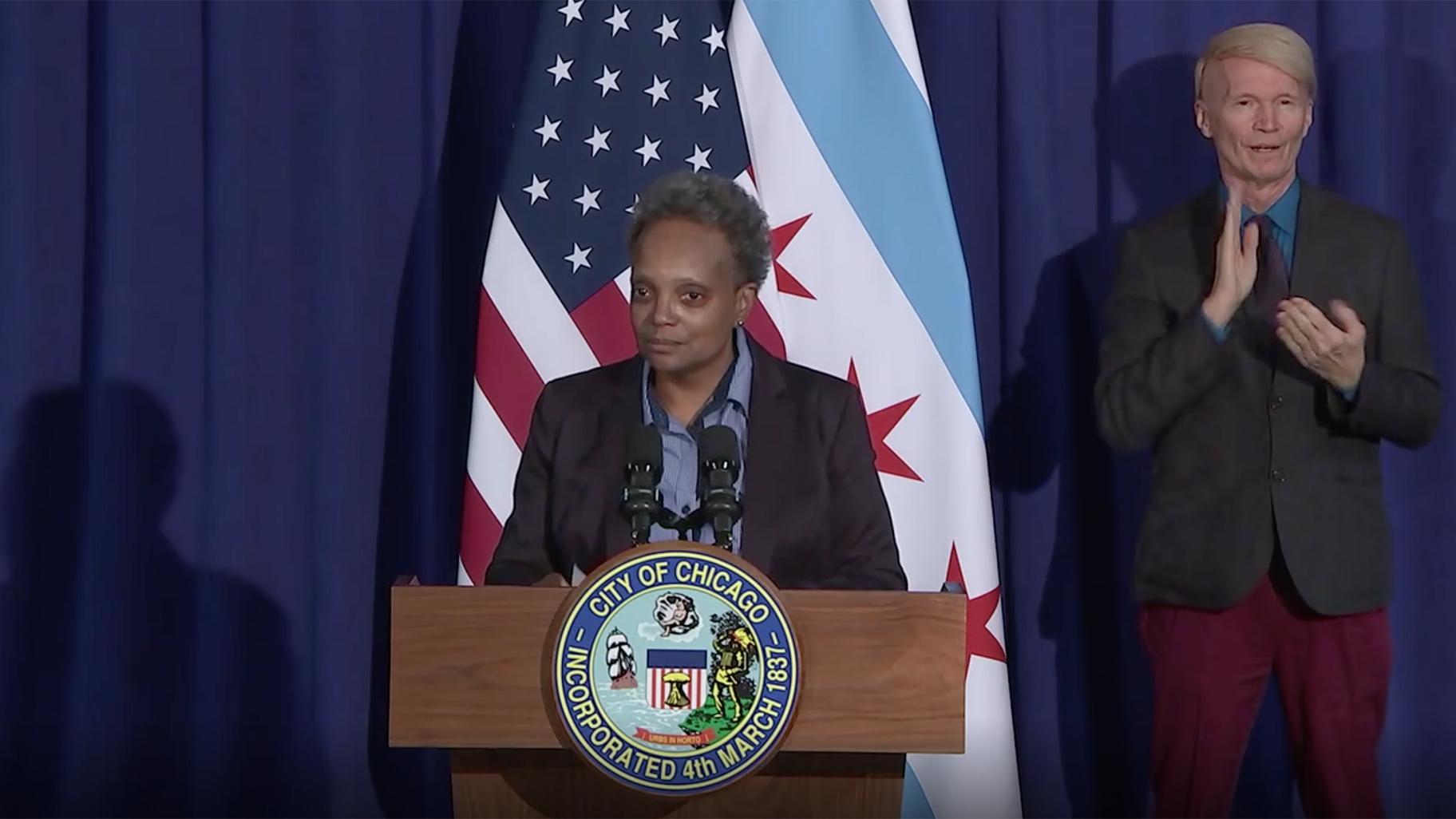 Mayor Lori Lightfoot offers her congratulations to President-elect Joe Biden and Vice President-elect Kamala Harris on Saturday, Nov. 7, 2020. (WTTW News via Chicago Mayor’s Office)