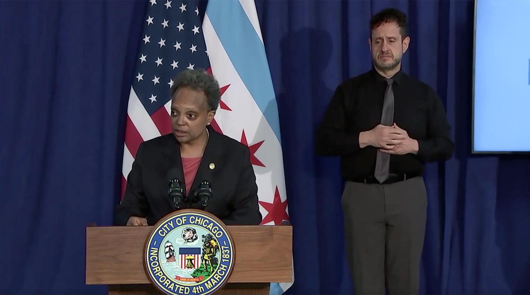 Mayor Lori Lightfoot delivers remarks at a news conference Thursday, April 15, 2021 ahead of the release of police body camera video showing the March 29 death of 13-year-old Adam Toledo. (WTTW News via Chicago Mayor’s Office livestream)