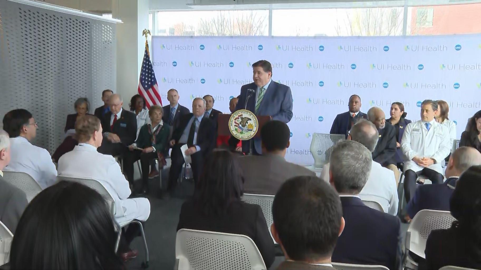 Gov. J.B. Pritzker, joined by members of the state’s Democratic congressional delegation, speaks about potential Medicaid cuts during a news conference at UI Health on the Near West Side on Feb. 28, 2025. (WTTW News) Gov. J.B. Pritzker, joined by members of the state’s Democratic congressional delegation, speaks about potential Medicaid cuts during a news conference at UI Health on the Near West Side on Feb. 28, 2025. (WTTW News)