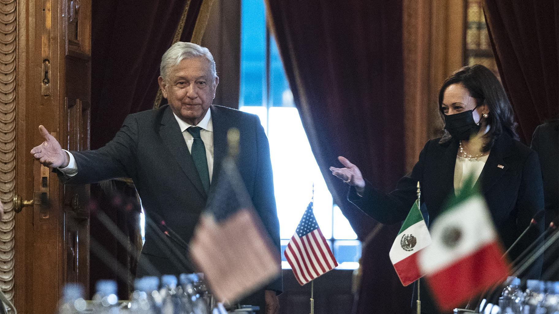 Vice President Kamala Harris and Mexican President Andres Manuel Lopez Obrador arrive for a bilateral meeting Tuesday, June 8, 2021, at the National Palace in Mexico City. (AP Photo / Jacquelyn Martin)