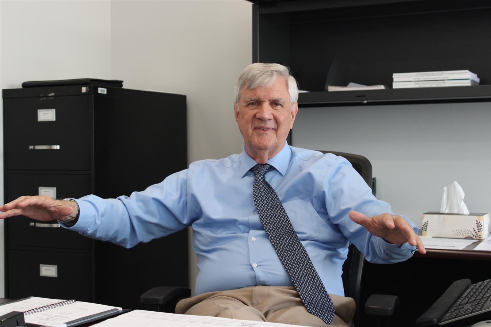Legislative Inspector General Michael McCuskey sits for an interview in his office at the Illinois Capitol Complex in Springfield in June 2023. (Nika Schoonover / Capitol News Illinois)