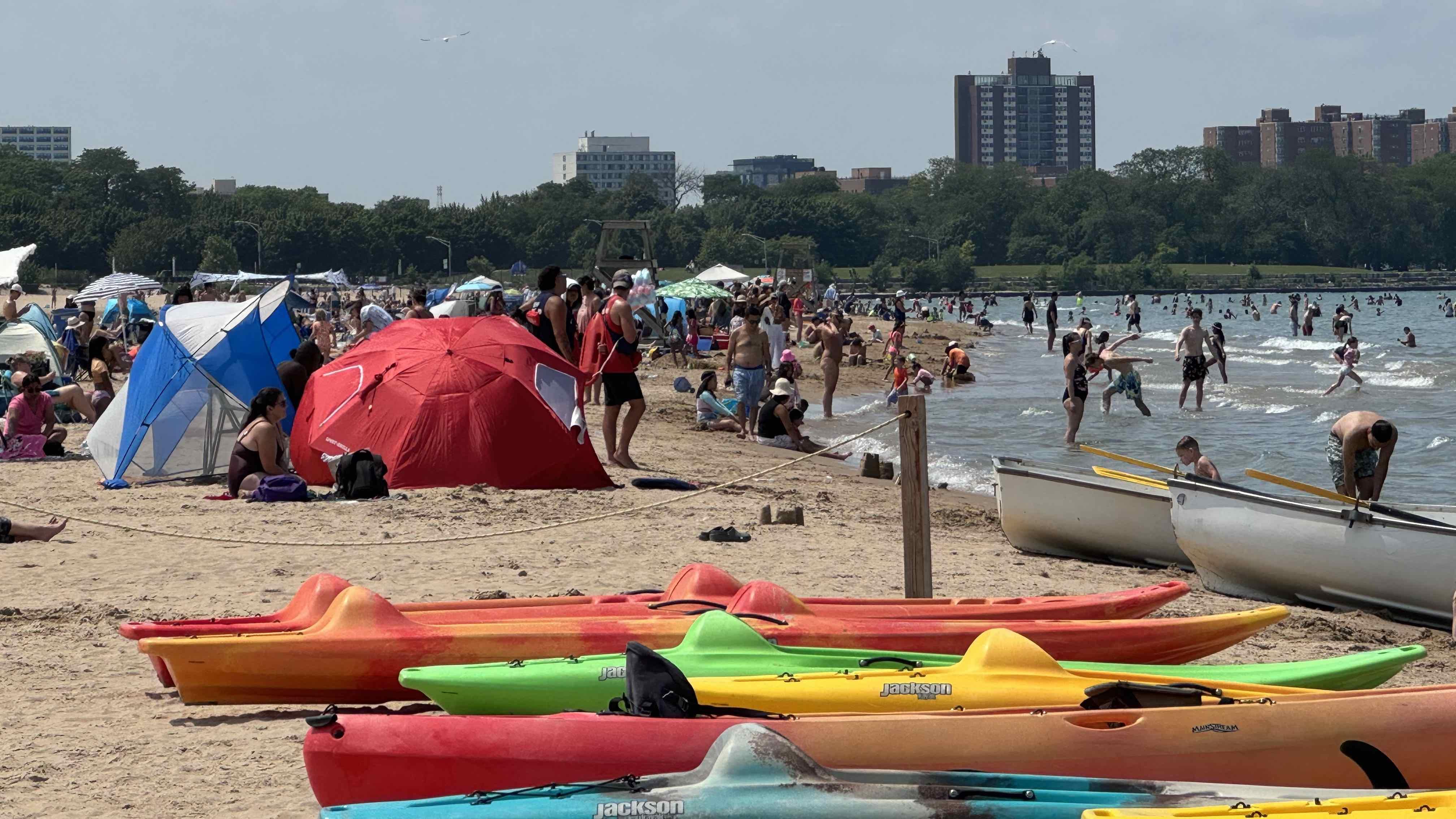 Chicagoans enjoying a pleasant summer day at Montrose Beach, July 2024. (Patty Wetli / WTTW News)