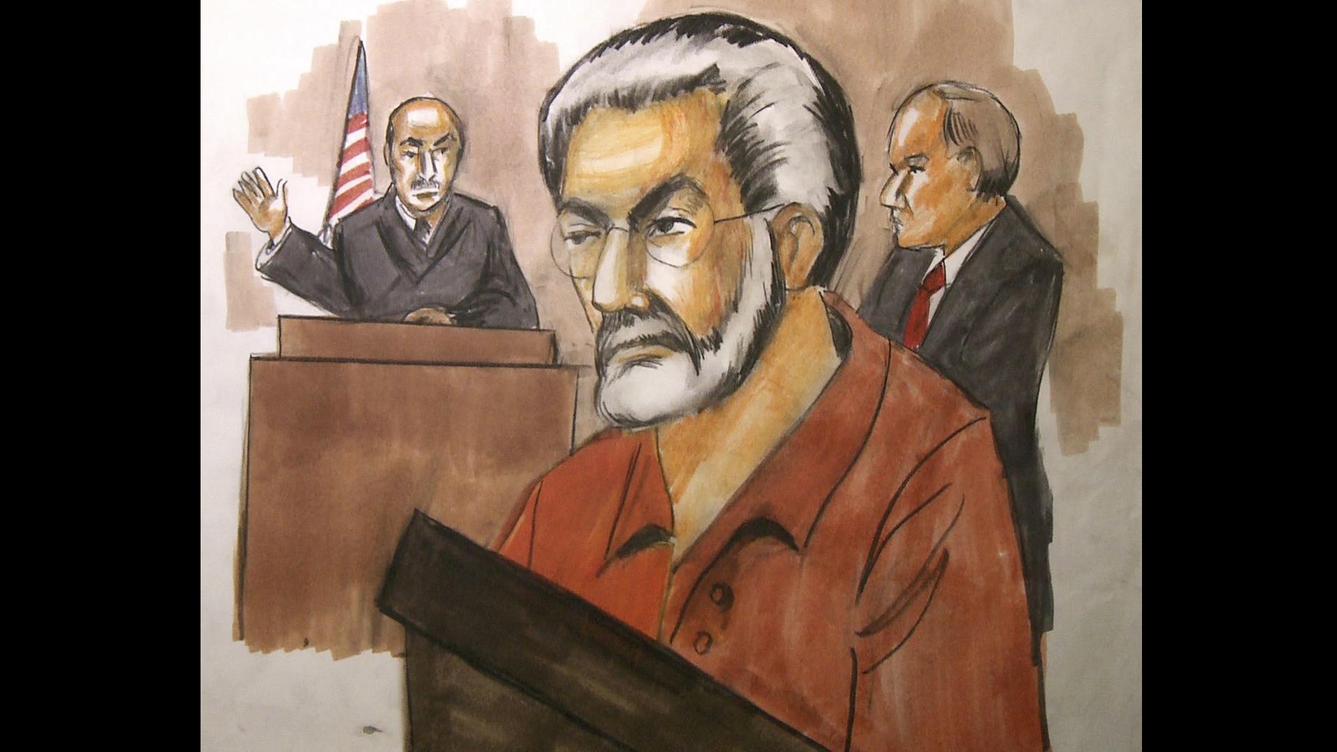 In this Jan. 6, 2010, file courtroom artist’s drawing Chicago businessman Tahawwur Rana, center, appears before Judge Matthew Kennelly in Chicago’s federal court. (AP Photo / Verna Sadock, File)