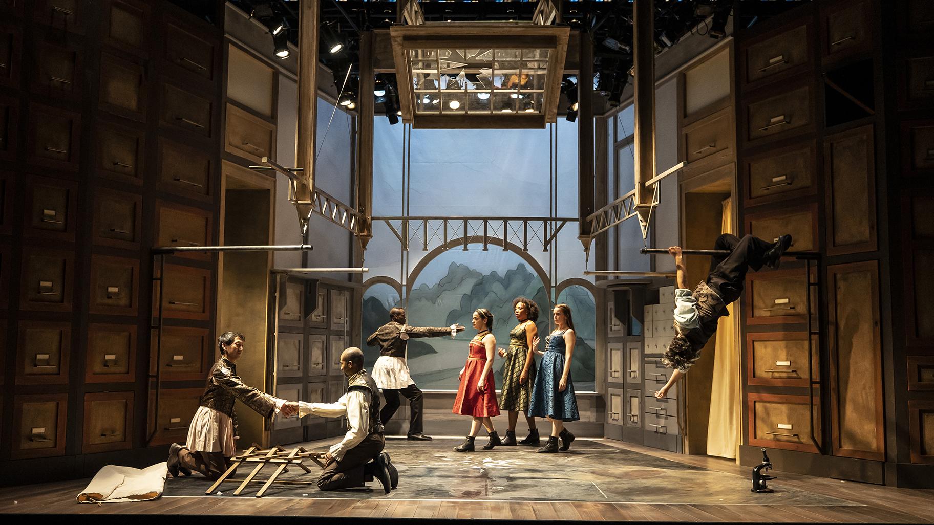 From left to right, Wai Yim, Anthony Irons, Adeoye, Cruz Gonzalez-Cadel, Christiana Clark, KaseyFoster and John Gregorioin perform in Mary Zimmerman’s “The Notebooks of Leonardo da Vinci.” (Courtesy of Goodman Theatre)