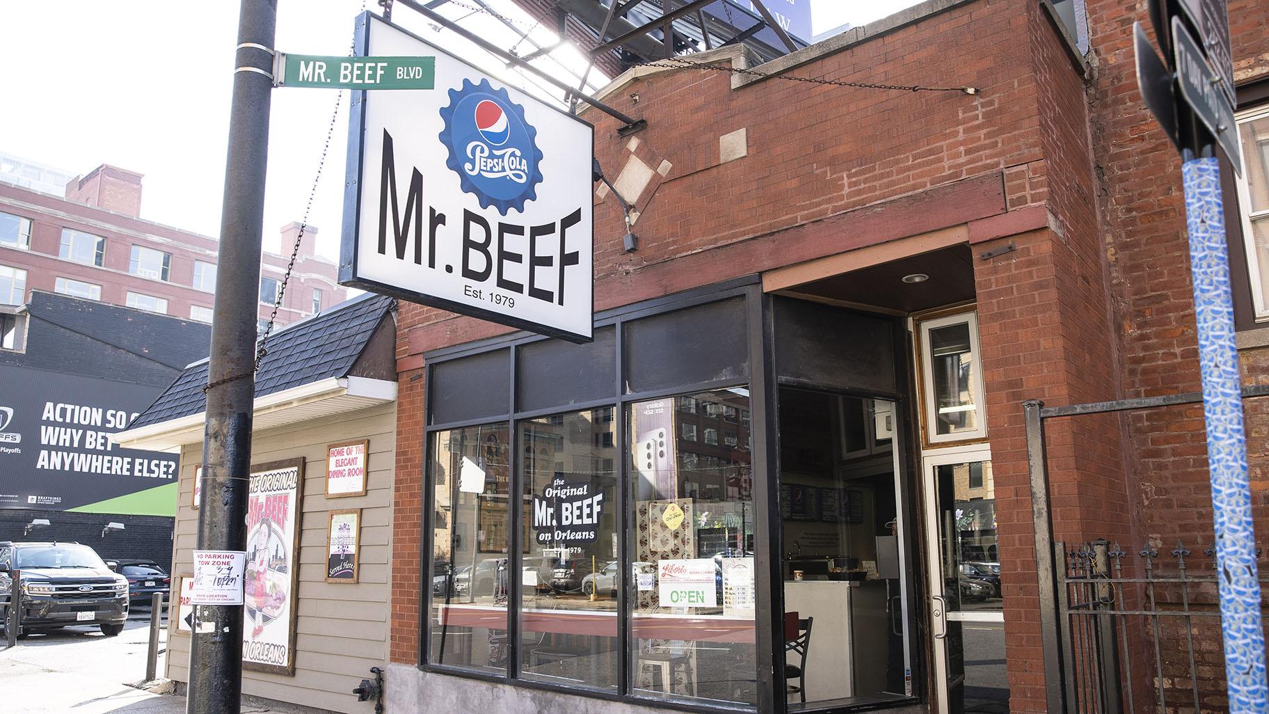 The exterior of Mr. Beef is shown, Monday, March 6, 2023, in Chicago. Joseph Zucchero, the founder of the Chicago Italian beef shop that inspired FX’s ‘The Bear,’ died unexpectedly on March 1, 2023. (Anthony Vazquez / Chicago Sun-Times via AP)