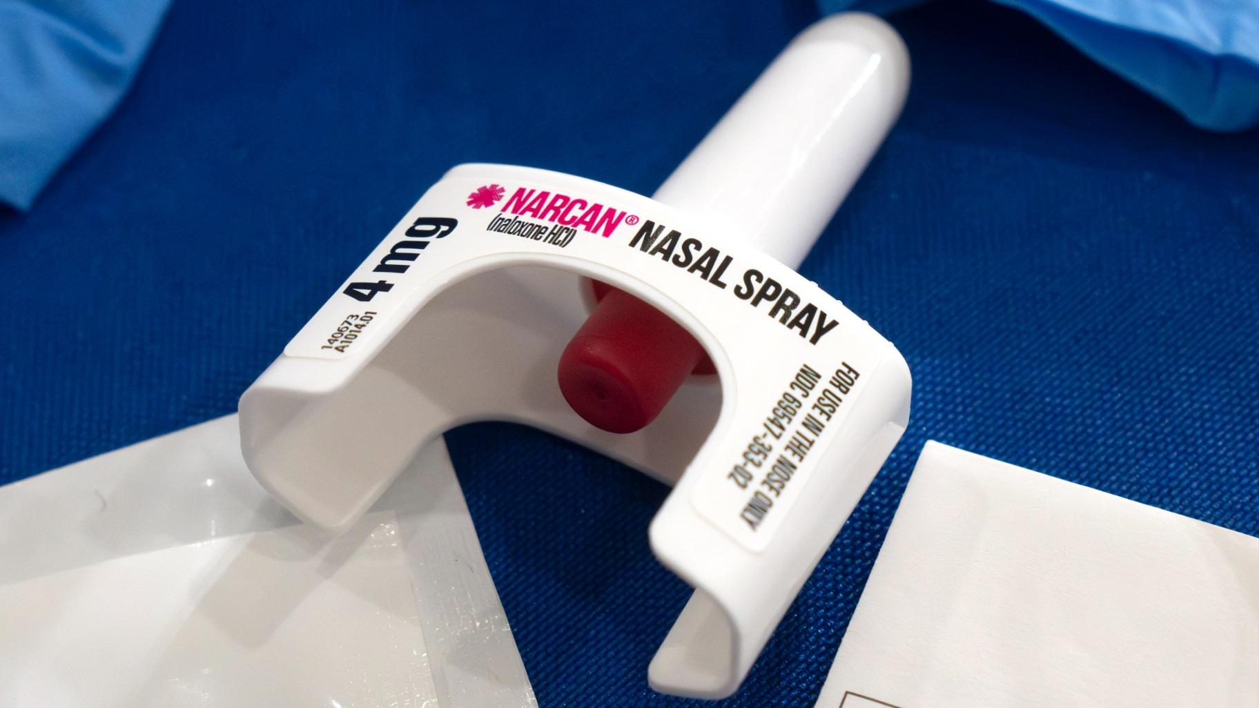 A container of Narcan, a brand name version of the opioid overdose-reversal drug naloxone, sits on a table following a demonstration at the Health and Human Services Humphrey Building on Friday, Sept. 8, 2023, in Washington. (AP Photo / Mark Schiefelbein, File)