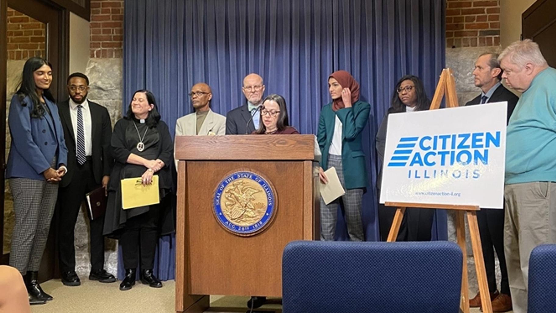 Julie Sampson, co-director of Citizen Action Illinois, speaks at a news conference introducing a bill intended to make certain medications less expensive in Illinois. (Alex Abbeduto / Capitol News Illinois)