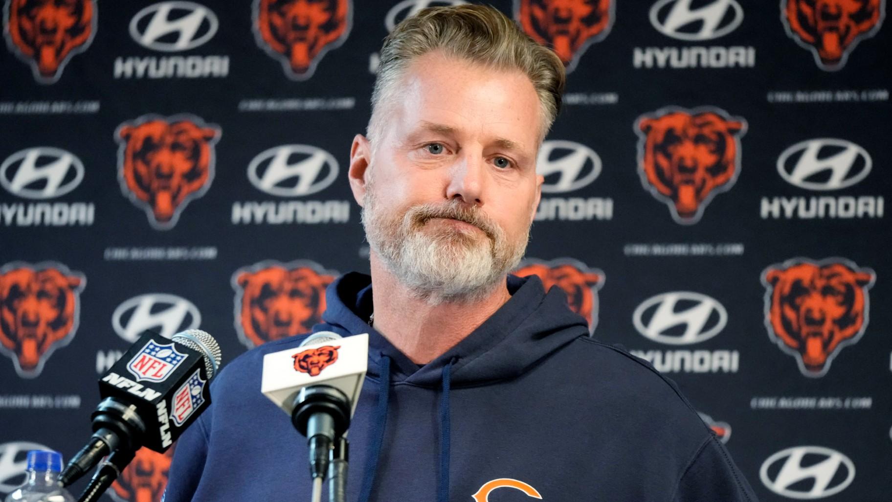 Chicago Bears head coach Matt Eberflus talks to the media after an NFL football game against the Chicago Bears in Detroit, Thursday, Nov. 28, 2024. (AP Photo/Carlos Osorio)
