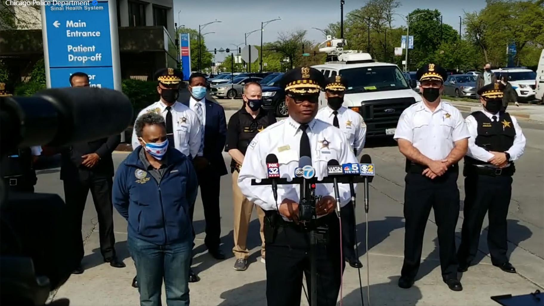In this image taken from video, Chicago police Superintendent David Brown is joined by Mayor Lori Lightfoot to speak about two officers shot earlier Sunday, May 16, 2021. (Chicago Police Department / Facebook)