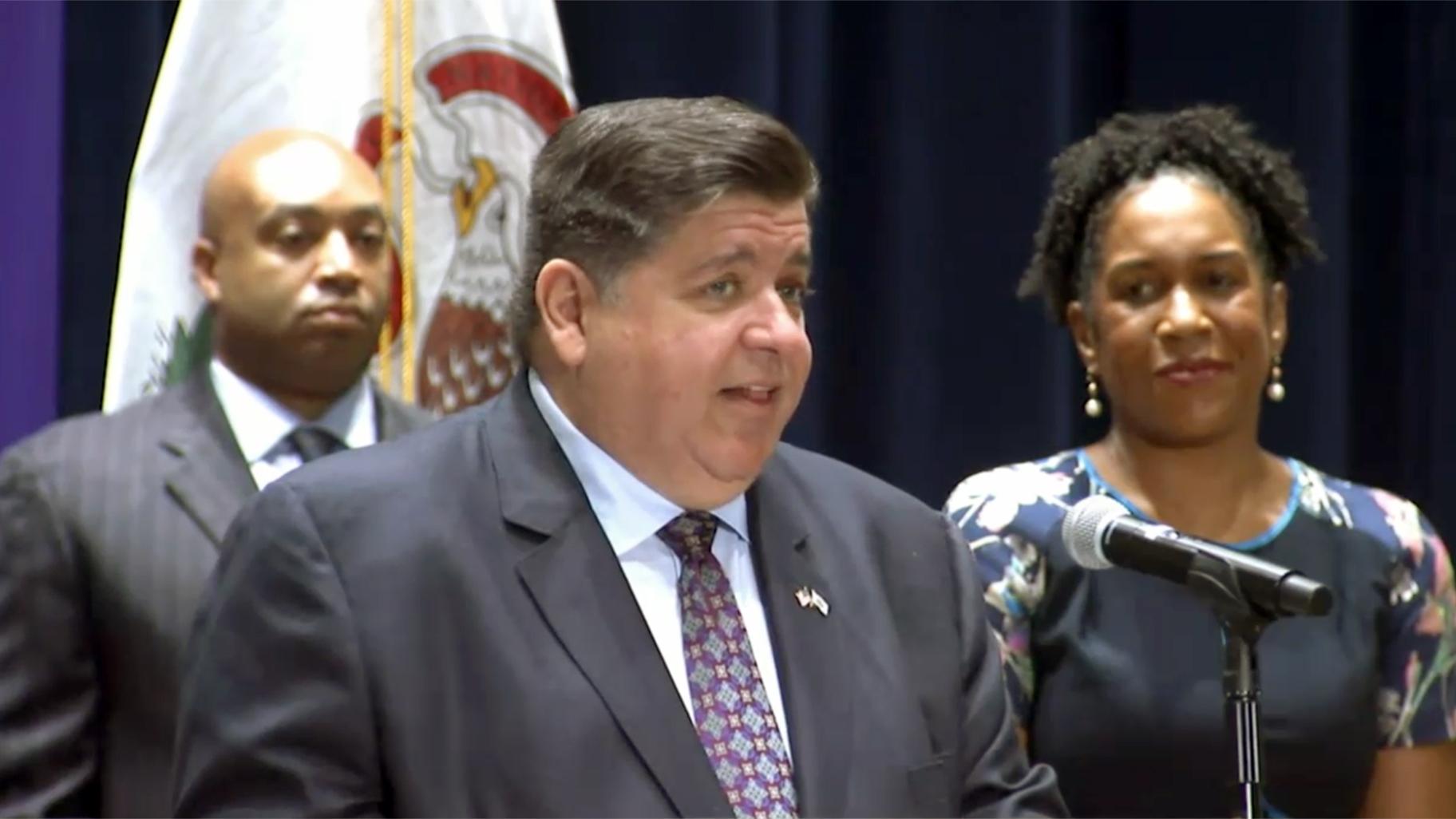 Gov. J.B. Pritzker speaks at Northwestern’s Pritzker School of Law before signing into law new criminal justice legislation on Thursday, July 15, 2021. (WTTW News via Governor’s Office)