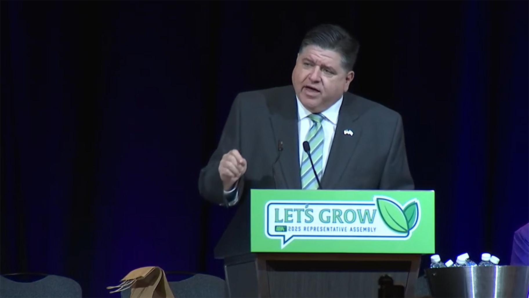 Gov. J.B. Pritzker lashes out at the Trump administration over mass layoffs at the U.S. Department of Education and its attempts to dismantle the agency during remarks to a gathering of Illinois Education Association officials on Thursday, March 13, 2025. (Credit: Illinois.gov) Gov. J.B. Pritzker lashes out at the Trump administration over mass layoffs at the U.S. Department of Education and its attempts to dismantle the agency during remarks to a gathering of Illinois Education Association officials on Thursday, March 13, 2025. (Credit: Illinois.gov)