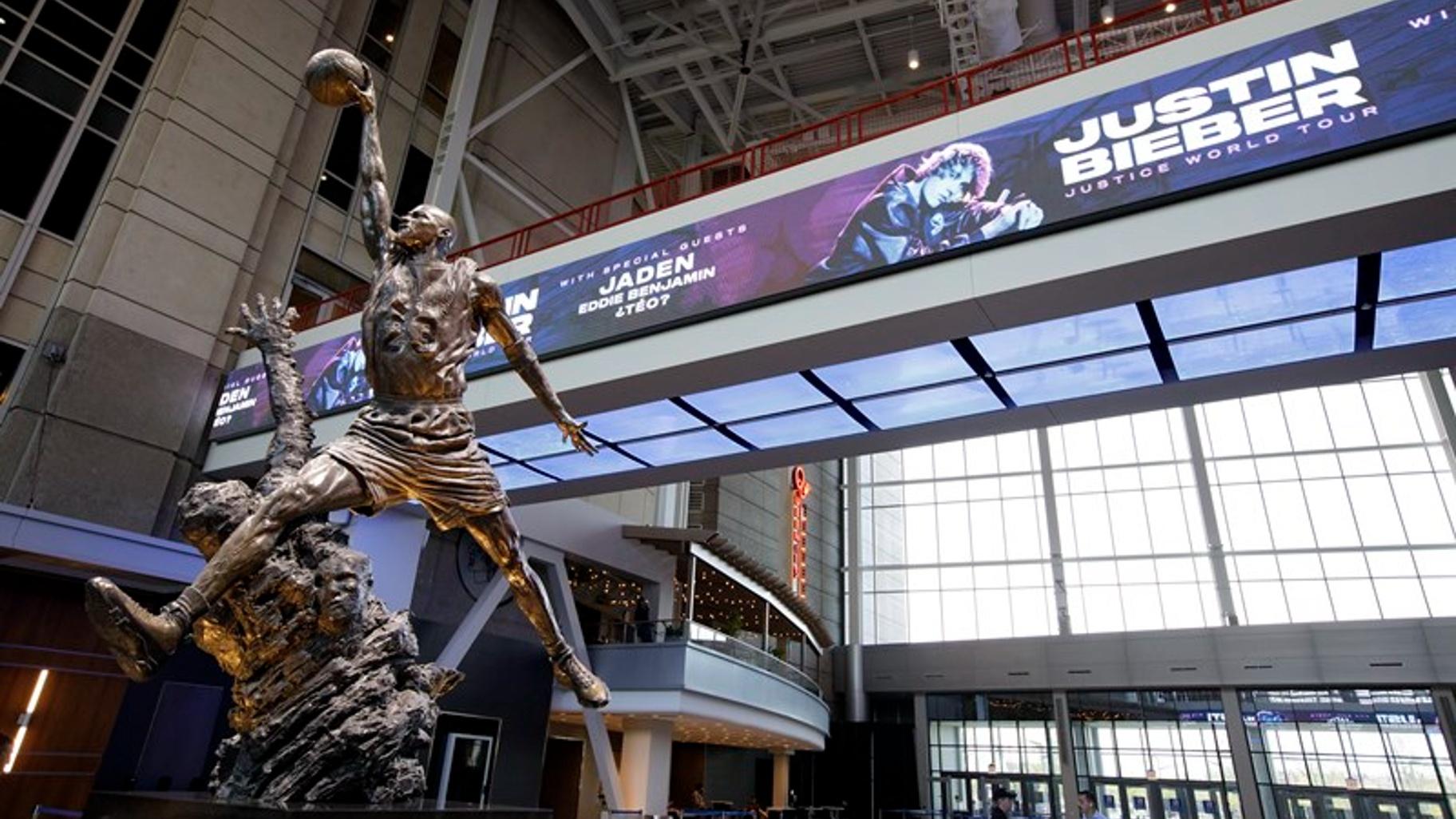 A commission of Michael Jordan by Studio Rotblatt Amrany. The 15-foot sculpture, titled “The Spirit,” stands inside the United Center. (Courtesy of the United Center)