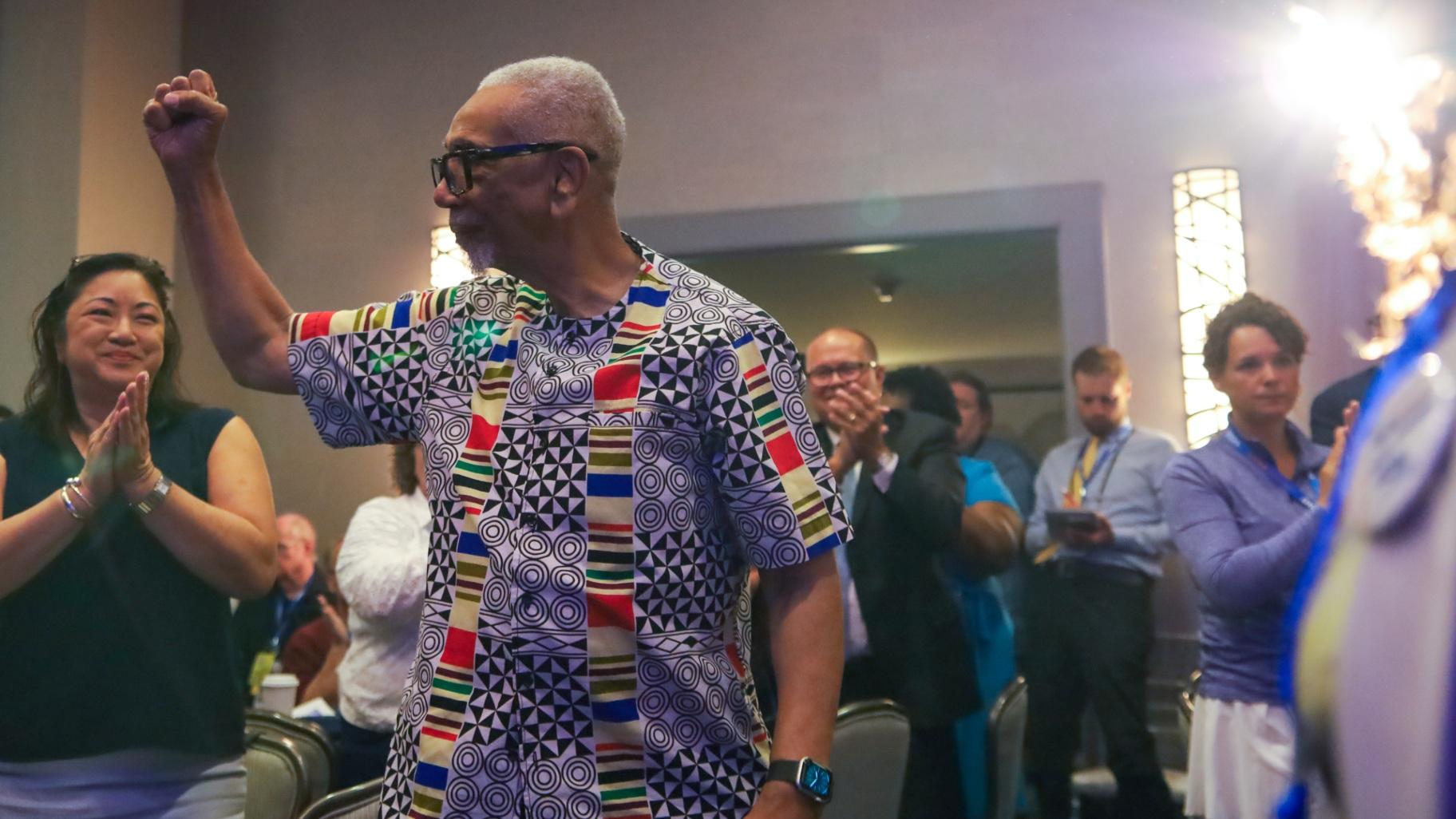 U.S. Rep. Bobby Rush (D-Chicago) appears at an Illinois delegation breakfast during the 2024 Democratic National Convention in Chicago. (Andrew Adams / Capitol News Illinois)