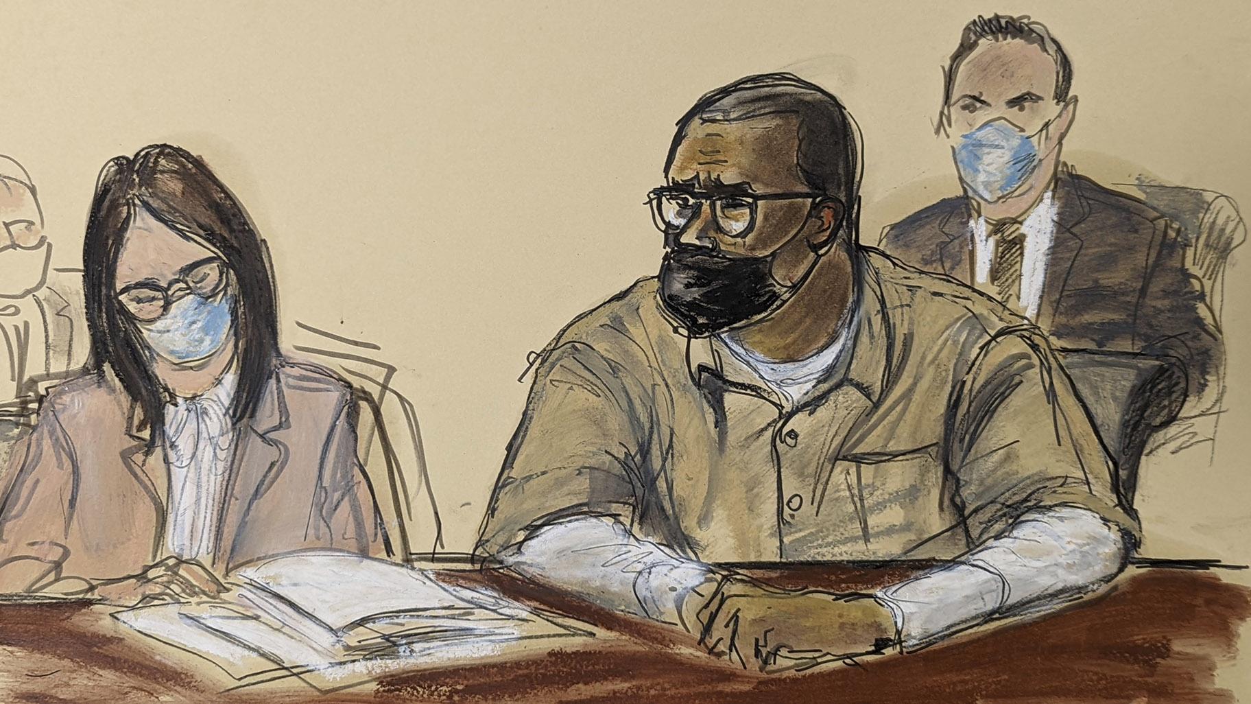In this courtroom sketch, R. Kelly and his attorney Jennifer Bonjean, left, appear during his sentencing hearing in federal court, Wednesday, June 29, 2022, in New York. The former R&B superstar was convicted of racketeering and other crimes. (AP Photo / Elizabeth Williams)