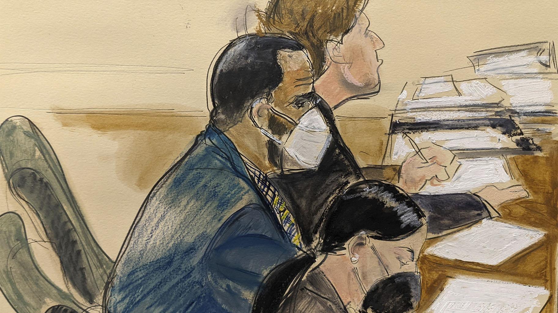 In this courtroom artist's sketch R. Kelly, left, listens during his trial in New York, Thursday, Aug. 26, 2021. (AP Photo / Elizabeth Williams)