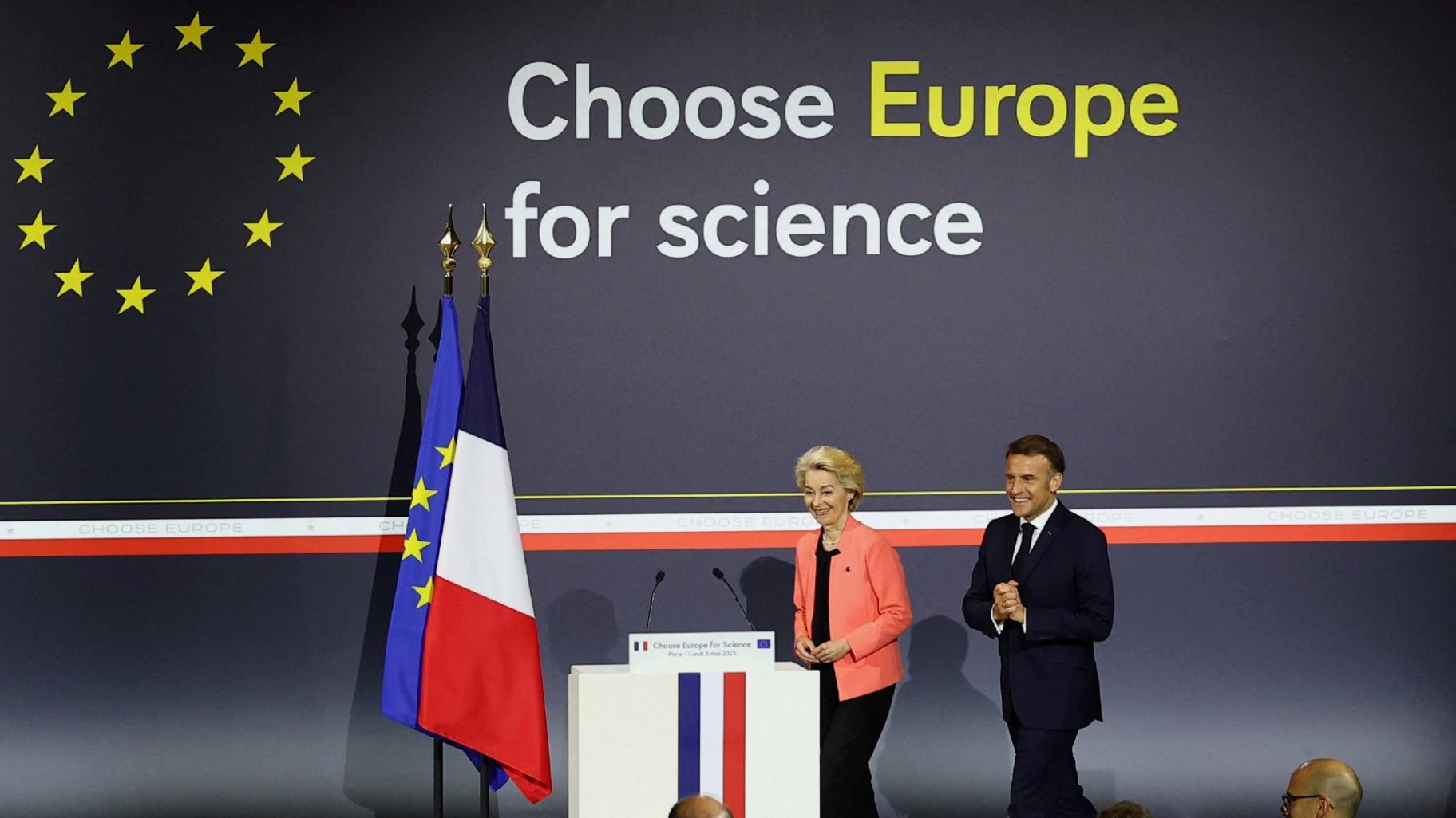 French President Emmanuel Macron and European Commission President Ursula Von der Leyen attend the "Choose Europe for Science" event at the Sorbonne University in Paris on Monday, May 5, 2025. (Gonzalo Fuentes / Pool via AP, File) French President Emmanuel Macron and European Commission President Ursula Von der Leyen attend the "Choose Europe for Science" event at the Sorbonne University in Paris on Monday, May 5, 2025. (Gonzalo Fuentes / Pool via AP, File)