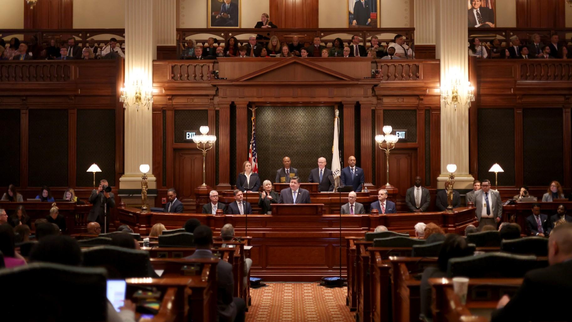 Illinois Gov. JB Pritzker delivers his State of the State and budget address before the General Assembly at the Illinois State Capitol, Feb. 19, 2025. (Brian Cassella / Chicago Tribune via AP, Pool, File) Illinois Gov. JB Pritzker delivers his State of the State and budget address before the General Assembly at the Illinois State Capitol, Feb. 19, 2025. (Brian Cassella / Chicago Tribune via AP, Pool, File)