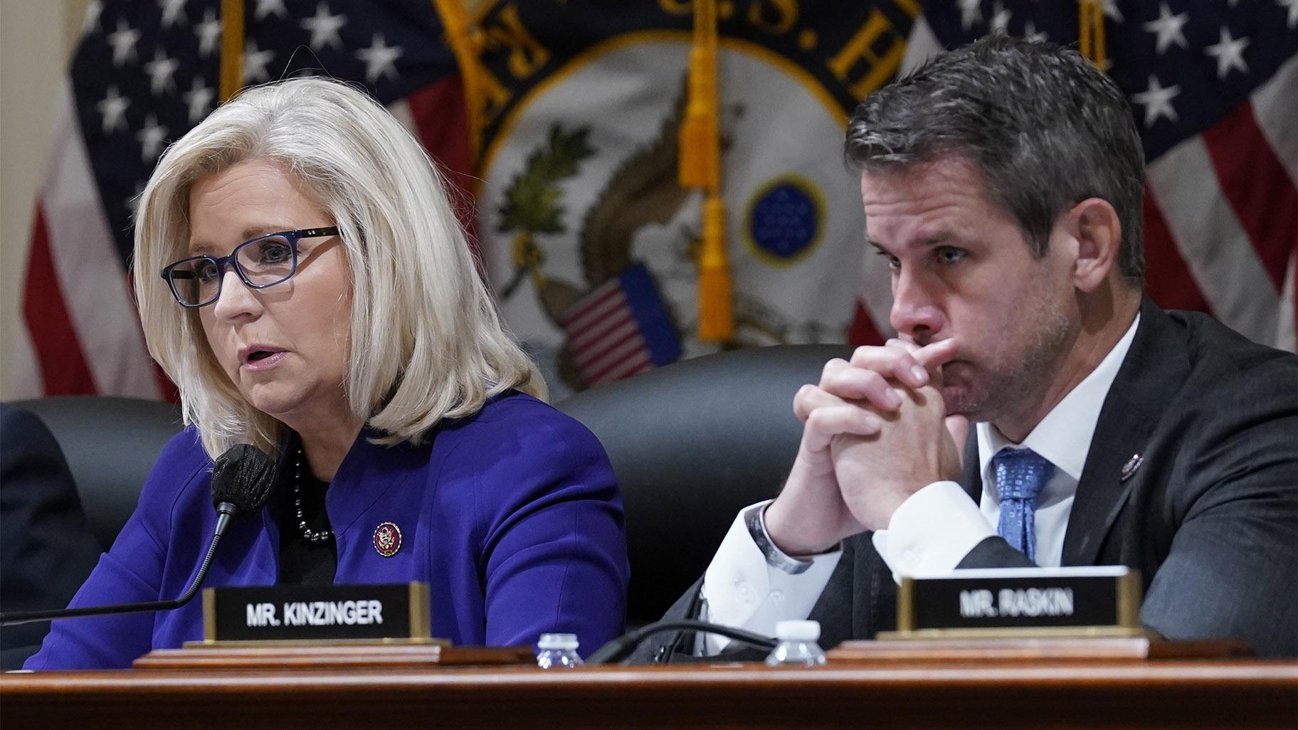 Rep. Liz Cheney, R-Wyo., and Rep. Adam Kinzinger, R-Ill., listen as the House select committee tasked with investigating the Jan. 6 attack on the U.S. Capitol meets on Capitol Hill in Washington, Oct. 19, 2021.  (AP Photo / J. Scott Applewhite, File)