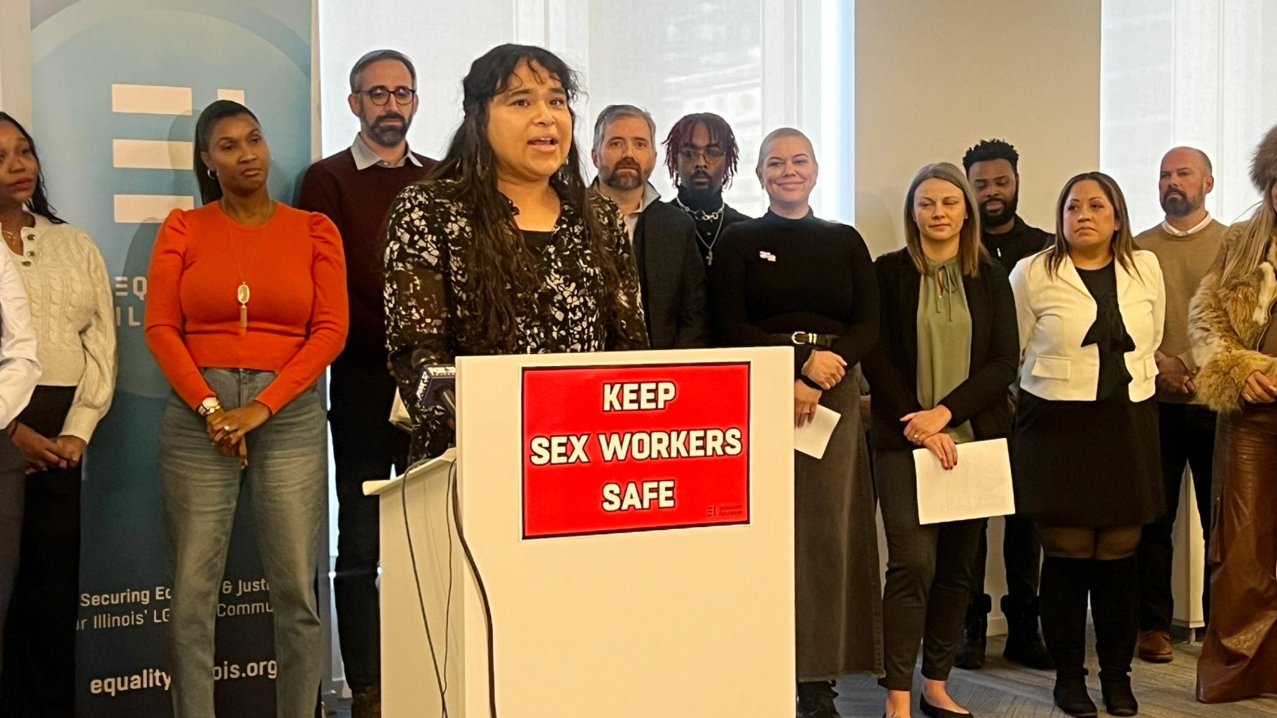 Reyna Ortiz speaks at a news conference on Monday, Jan. 13, 2025. Ortiz, who said she spent 20 years as a sex worker in Chicago, is advocating for Illinois to legalize sex work. (Amanda Vinicky / WTTW News) Reyna Ortiz speaks at a news conference on Monday, Jan. 13, 2025. Ortiz, who said she spent 20 years as a sex worker in Chicago, is advocating for Illinois to legalize sex work. (Amanda Vinicky / WTTW News)