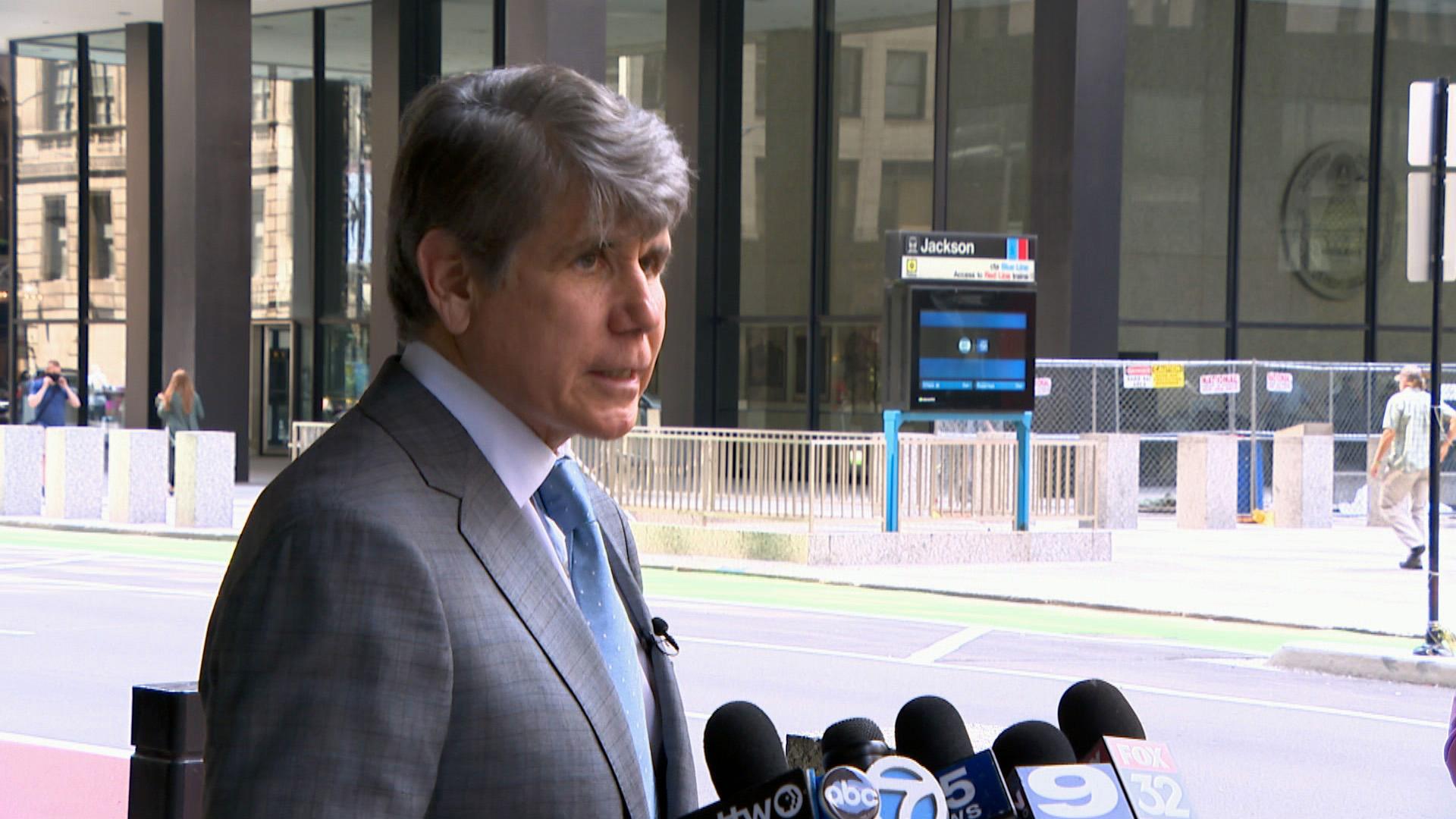 Former Illinois Gov. Rod Blagojevich talks about his criminal complaint outside the Dirksen Federal Building on Monday, Aug. 2, 2021. (WTTW News)
