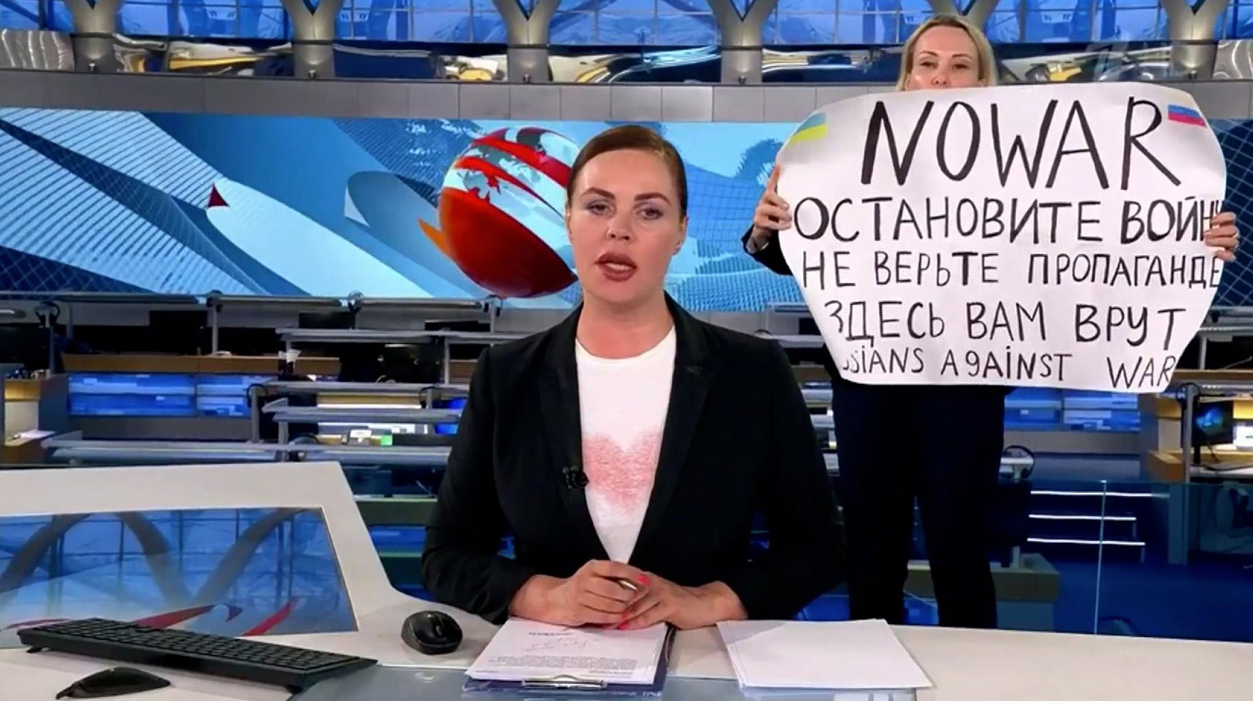 Marina Ovsyannikova protested the Russian war in Ukraine during a live news broadcast on Channel One March 14, 2022. (CNN) 