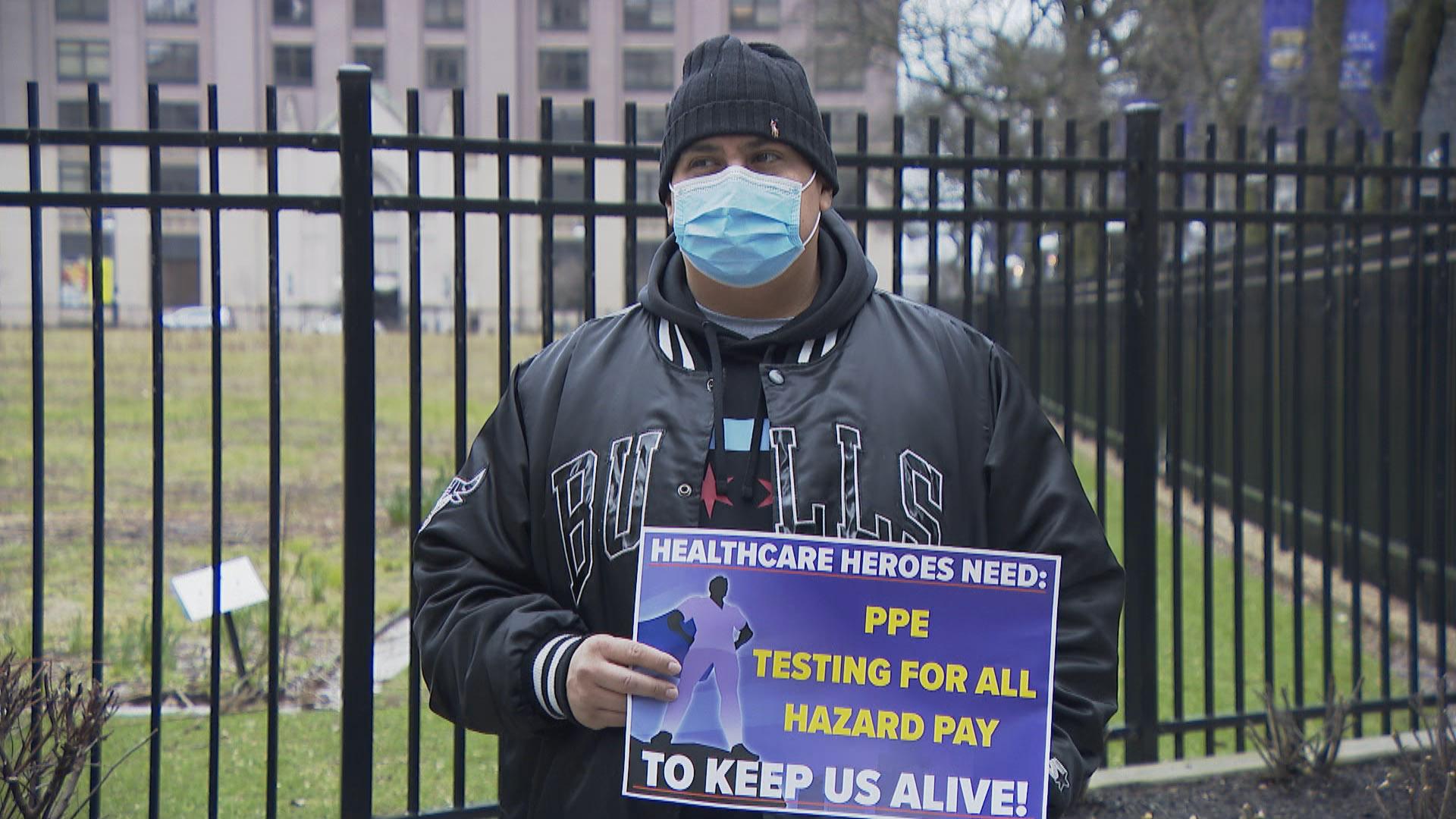 Members of SEIU Healthcare say front-line workers like nurses assistants, food service workers and medical technicians don't have access to necessary personal protective equipment and testing. (WTTW News)