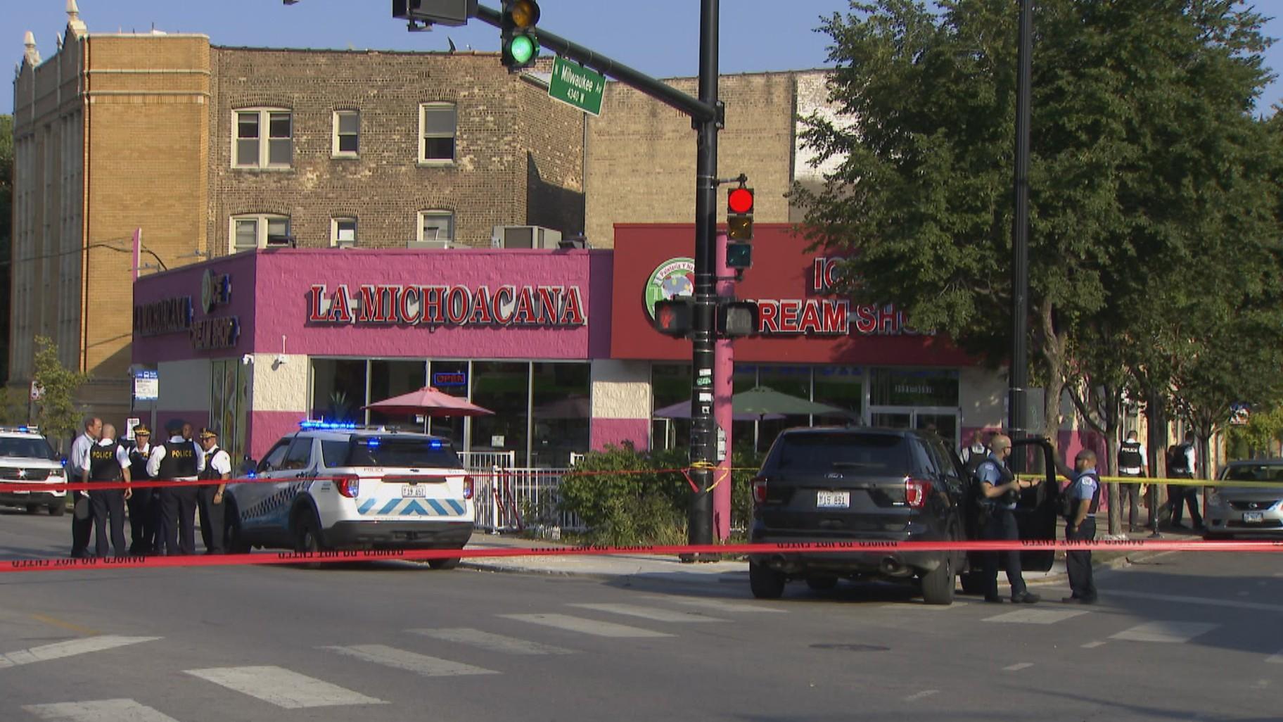 The scene of a shooting in the 4300 block of West Addison near Schurz High School is taped off on Aug. 24, 2022. (WTTW News)